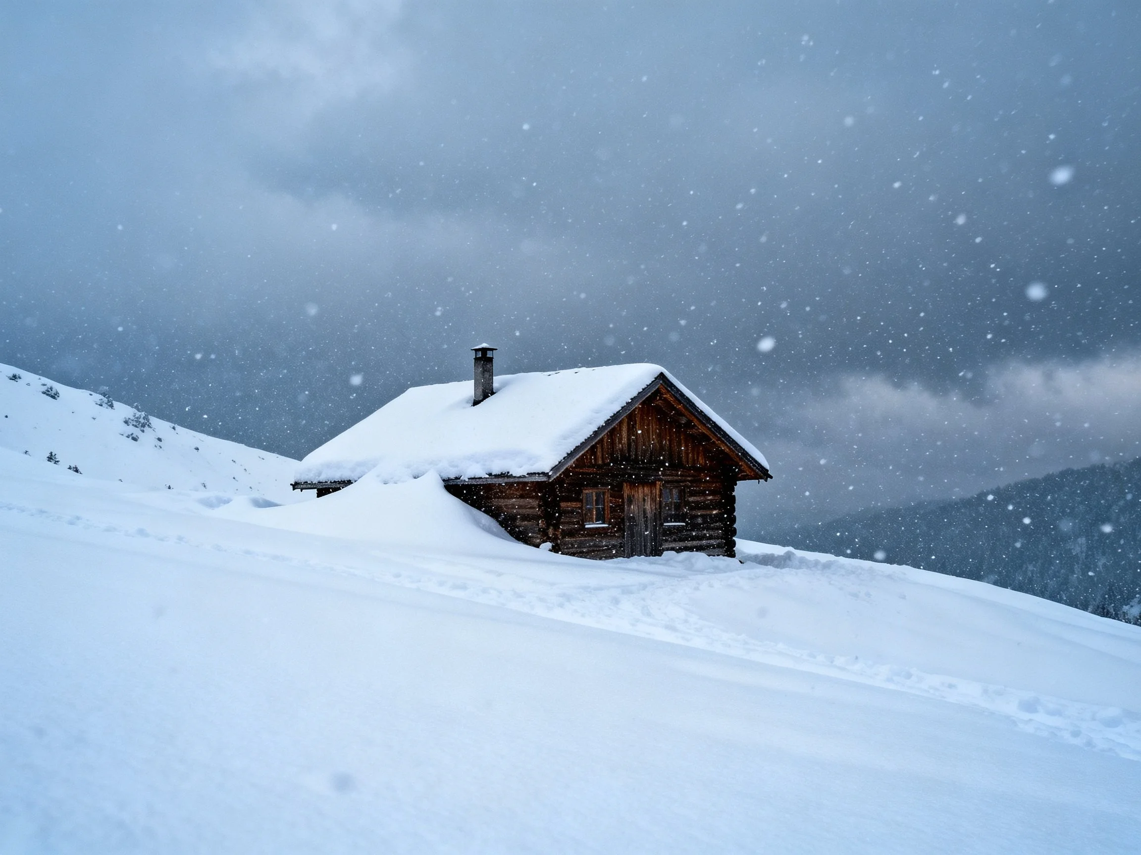 A small wooden cabin buried in thick snow under gloomy skies