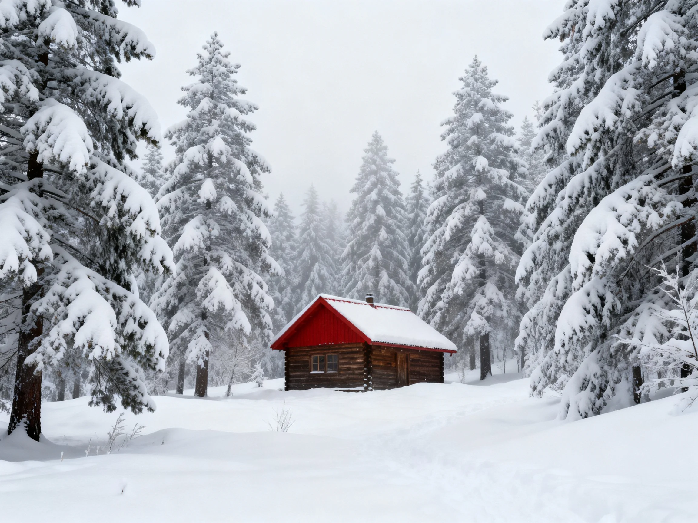 A small wooden cabin with red roof amidst snow-laden evergreen trees