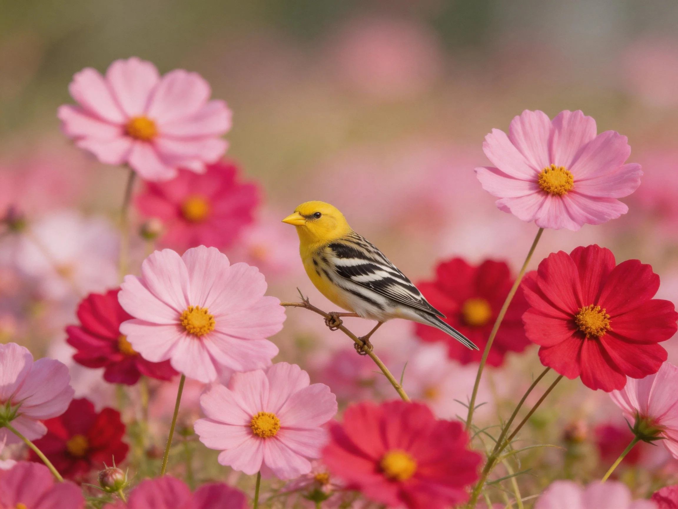 A small yellow bird perched amid vibrant pink and red cosmos flowers