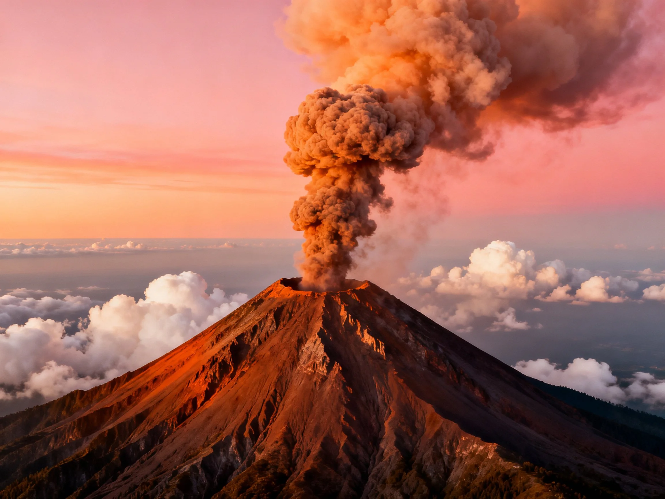 A smoking volcano with orange ash and pink sky