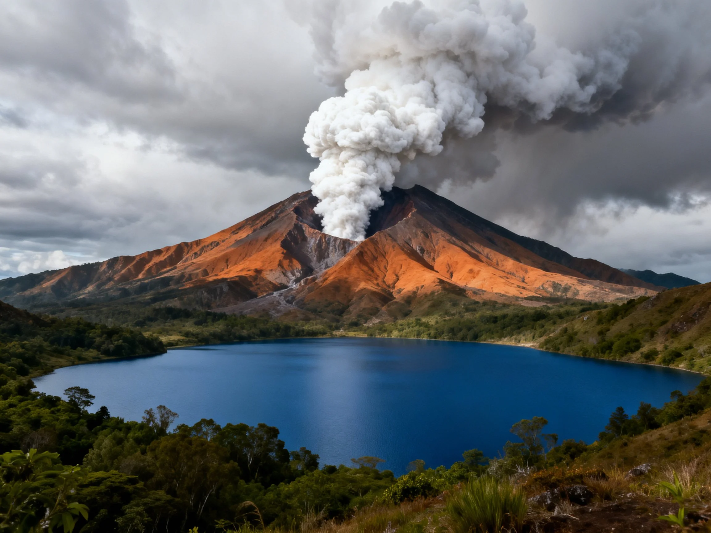 A smoking volcano with orange slopes and a deep blue lake