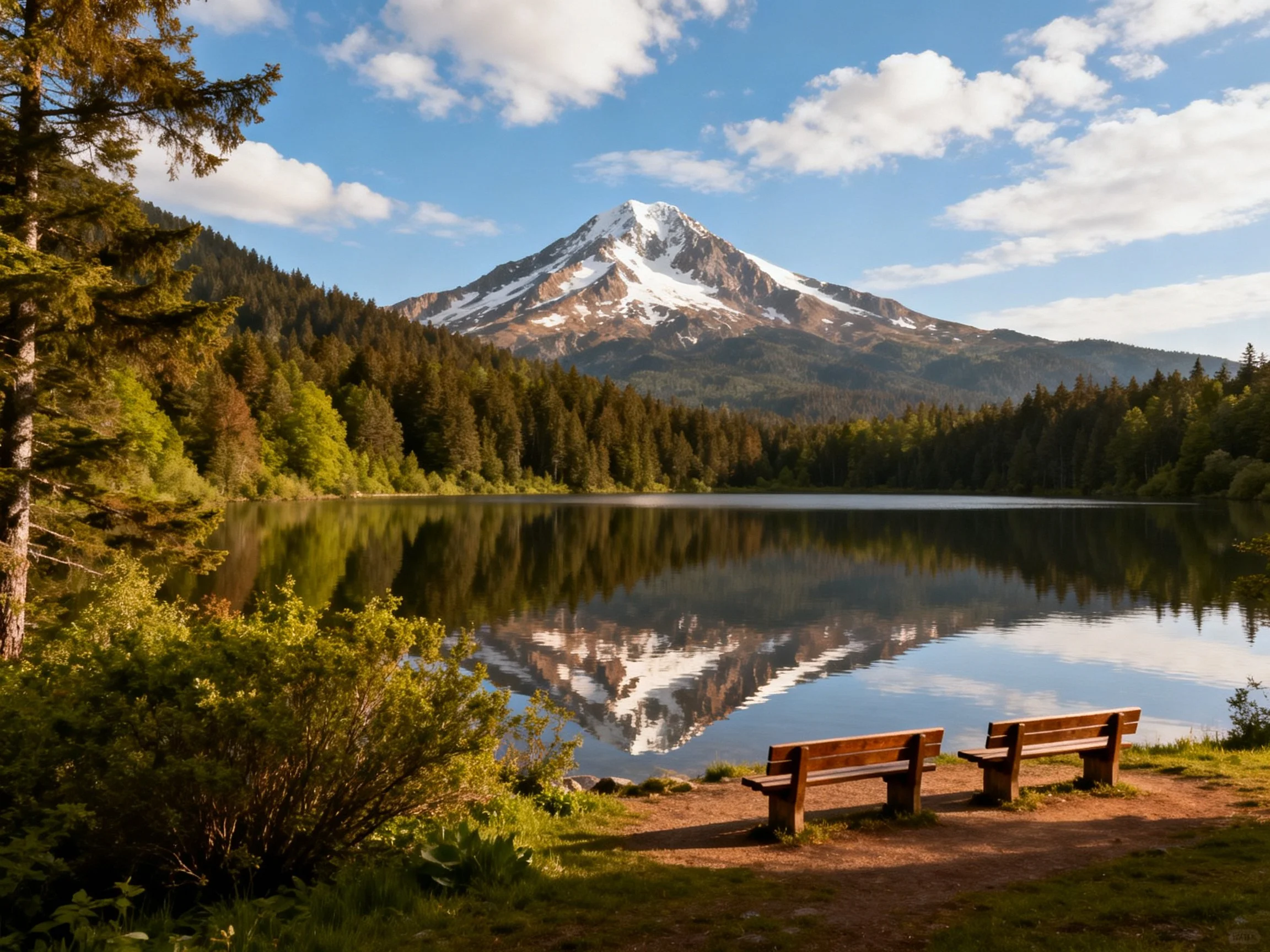A snow - capped mountain reflected in a calm lake with wooden benches
