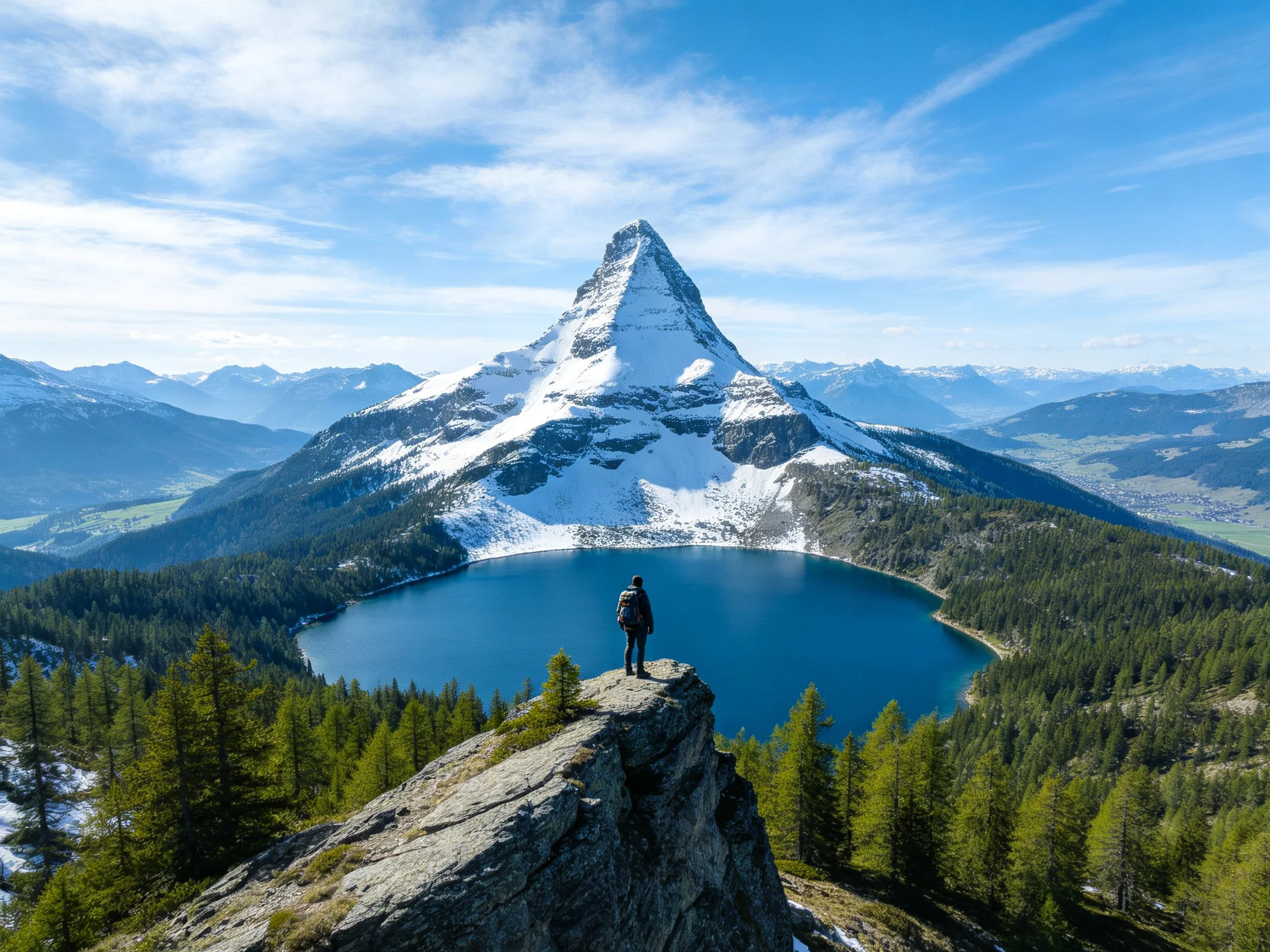 A snow-capped peak overlooks a blue alpine lake with a hiker