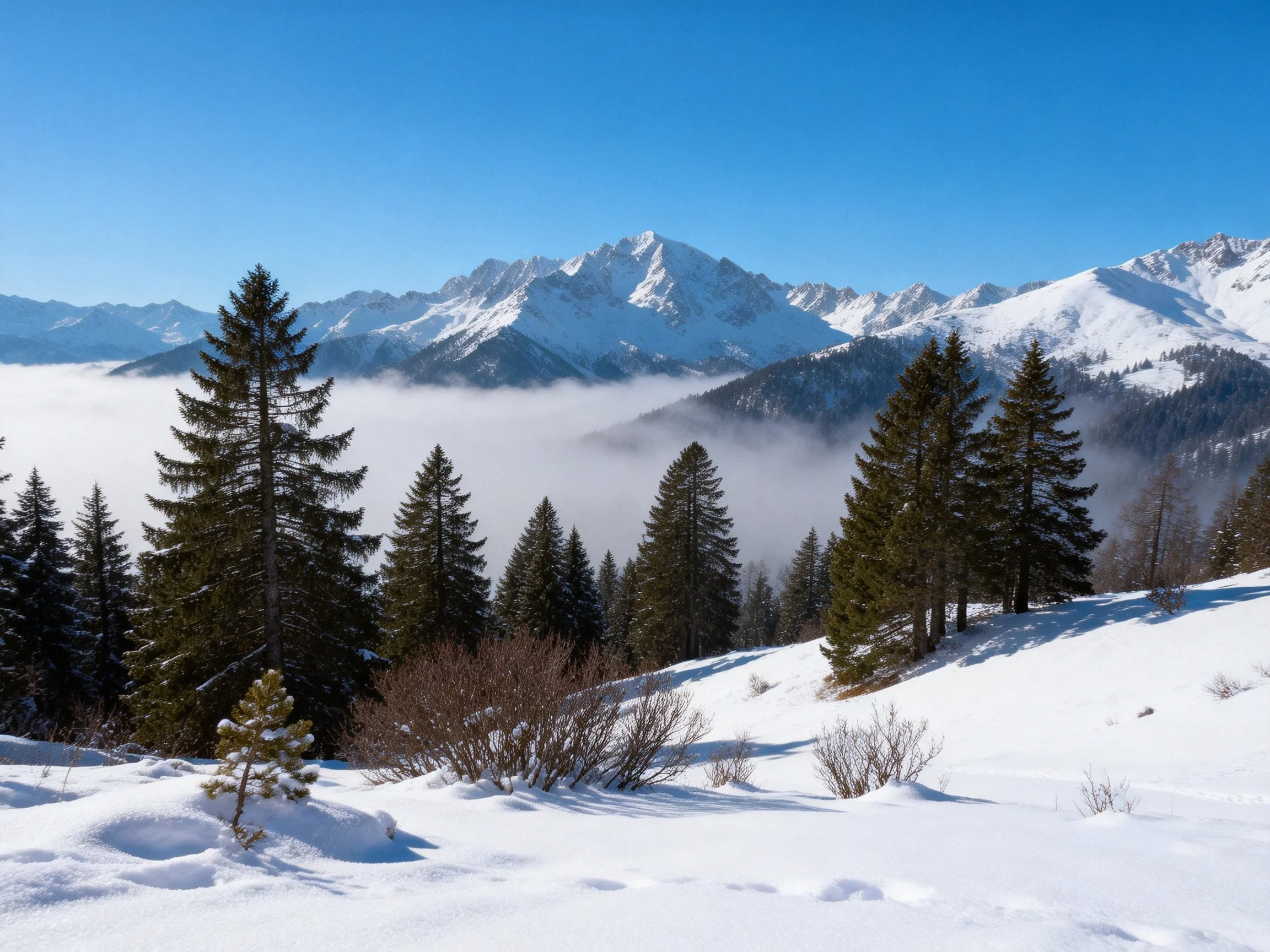A snow-covered alpine valley with evergreen trees and misty mountain peaks