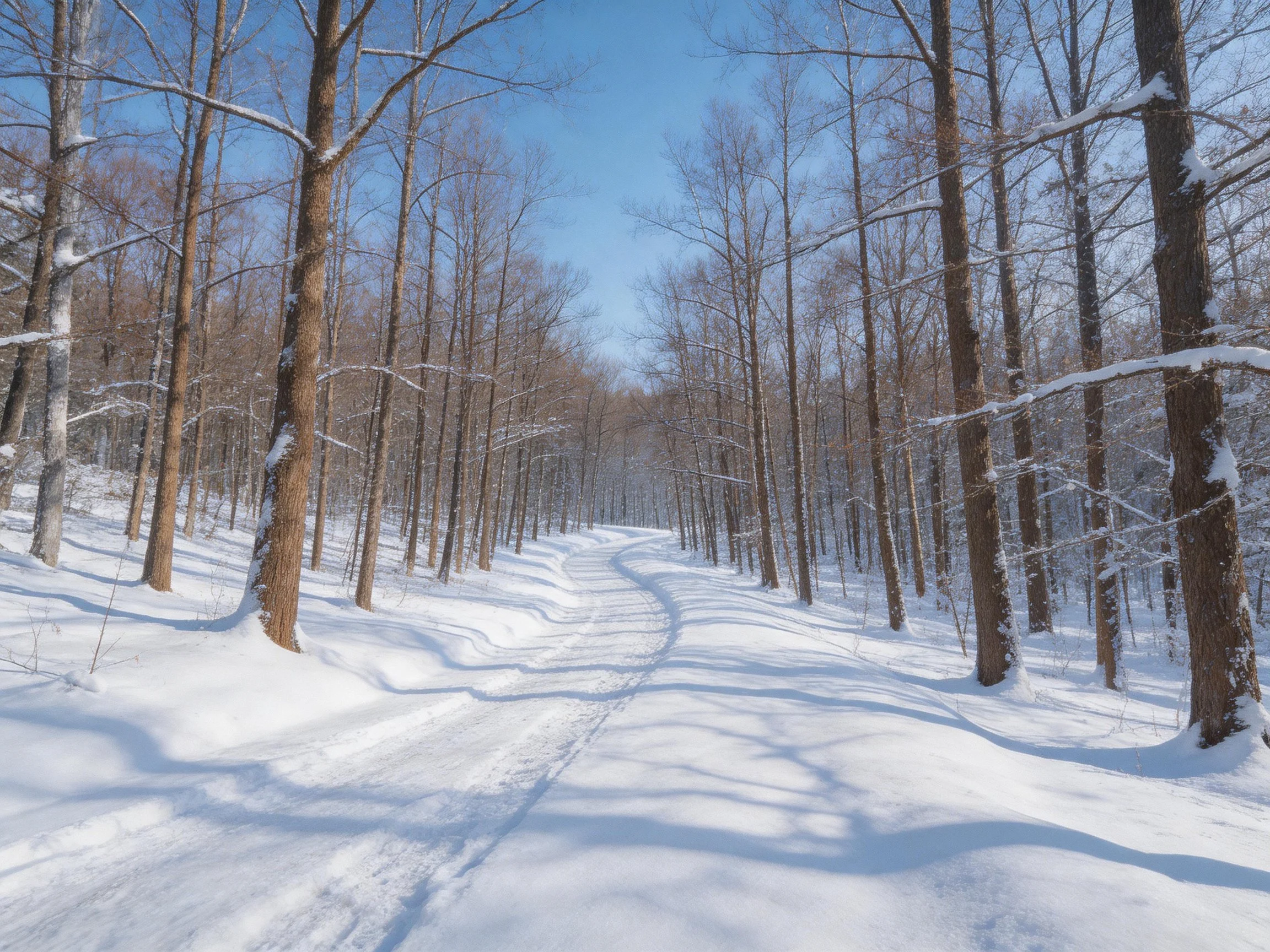 A snow-covered forest path lined with tall bare trees under clear blue sky