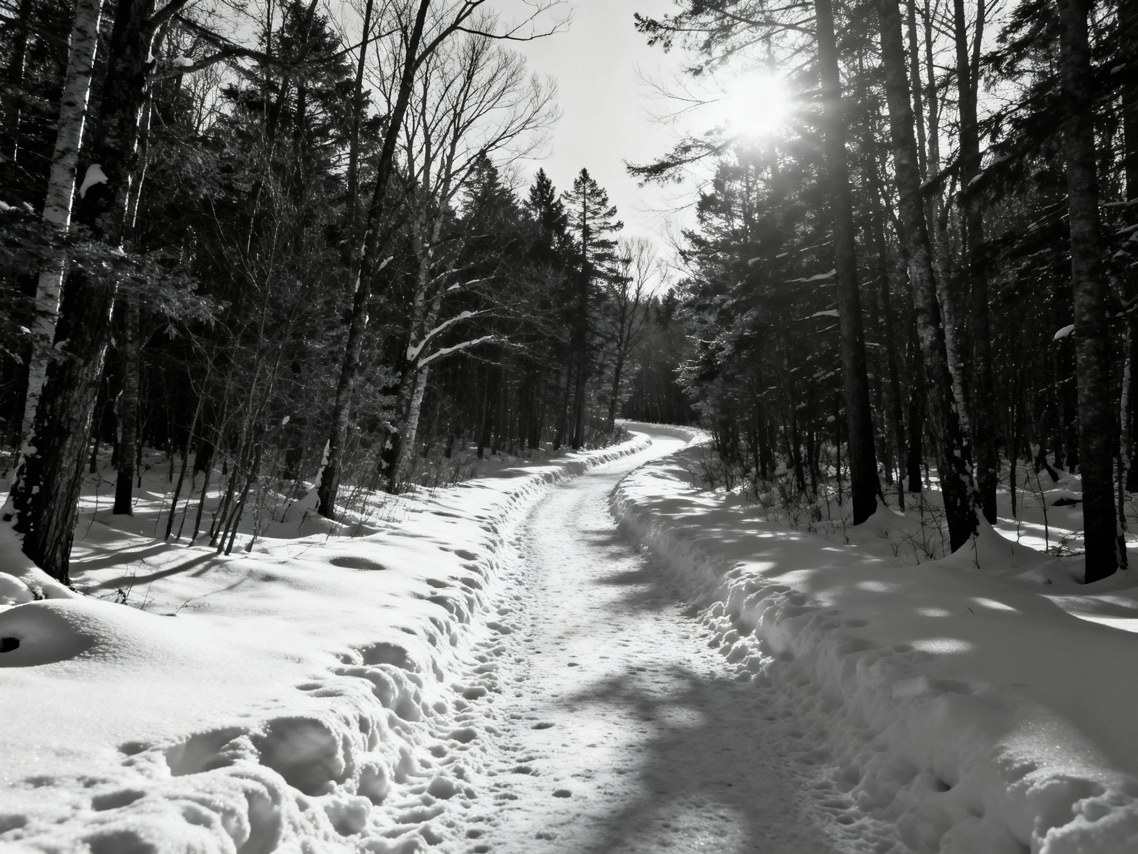 A snow - covered forest trail winding through tall trees under bright sunlight