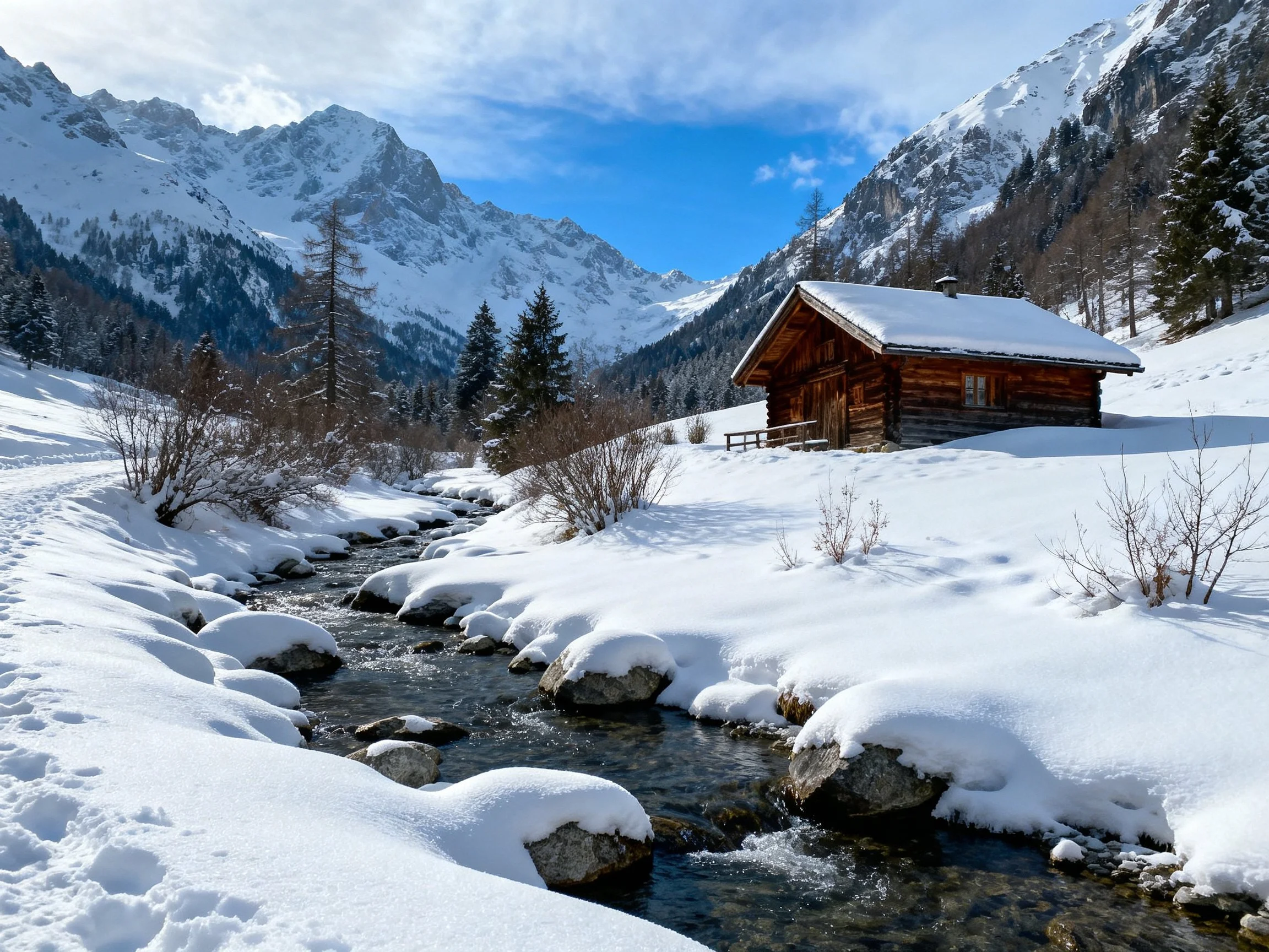 A snow-covered log cabin near a rocky stream with mountain backdrop