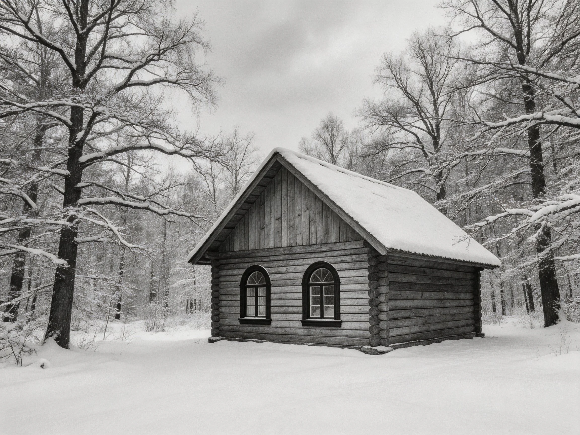 A snow-covered log cabin nestled among frosty trees