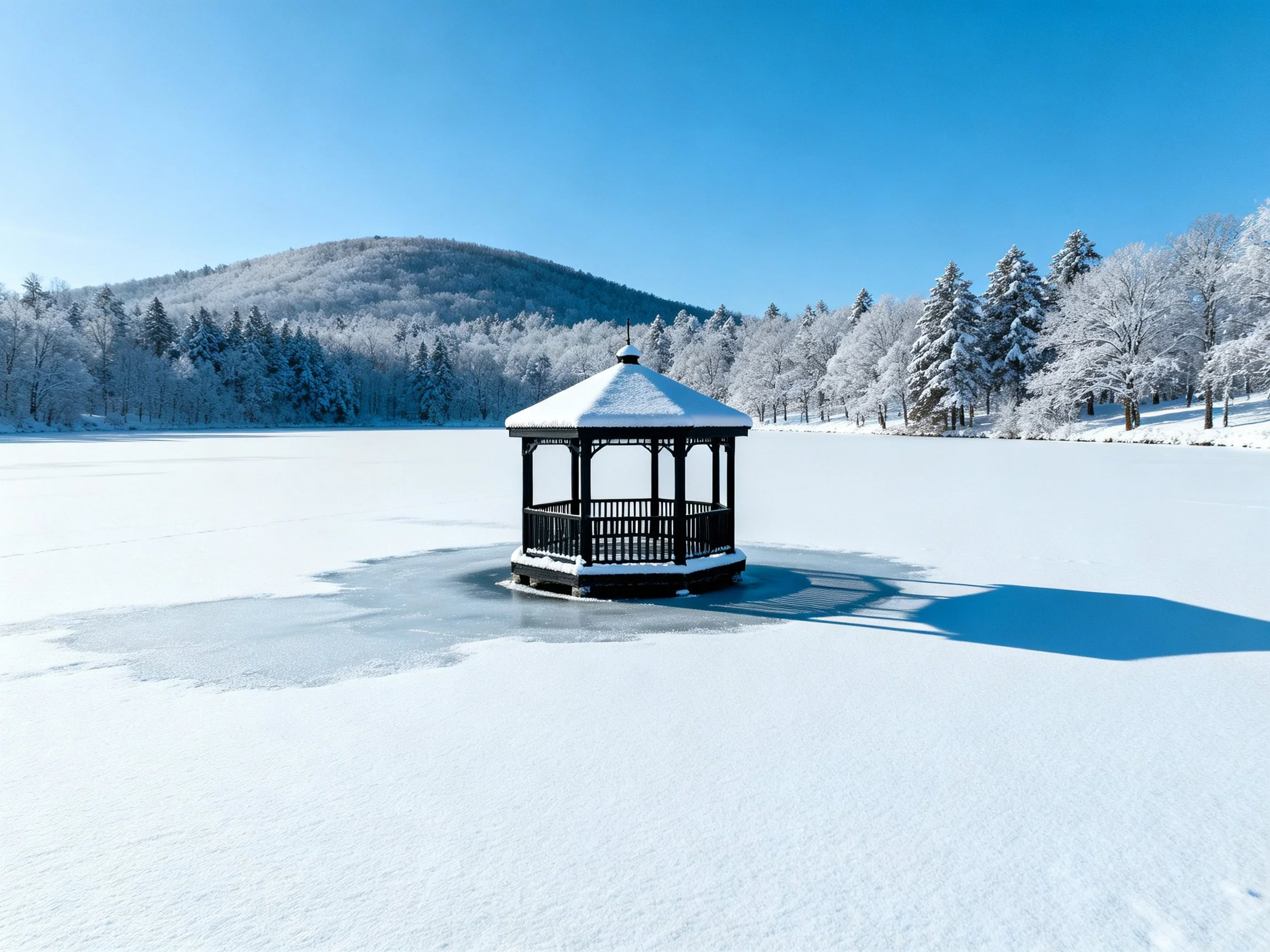 A snow - covered octagonal gazebo on a frozen lake with wintry trees
