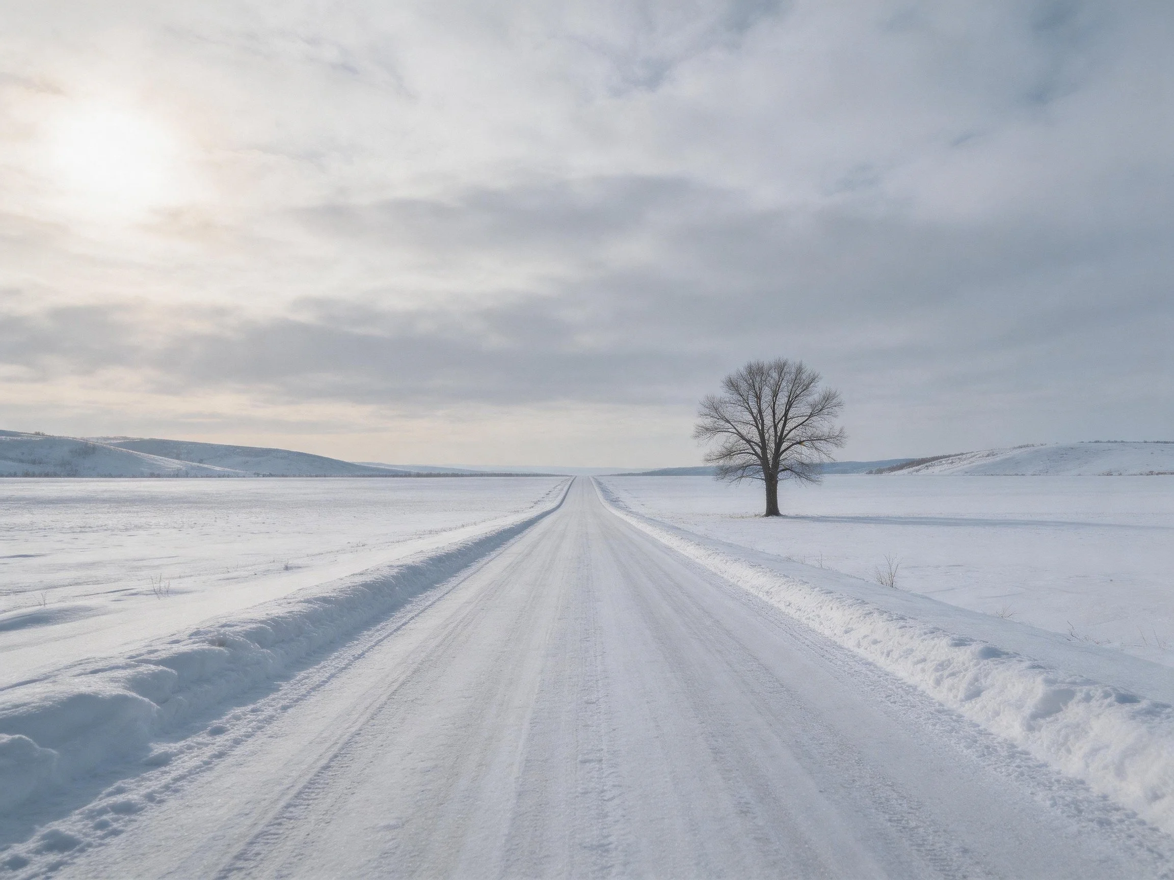 A snow-covered road stretches toward a single bare tree
