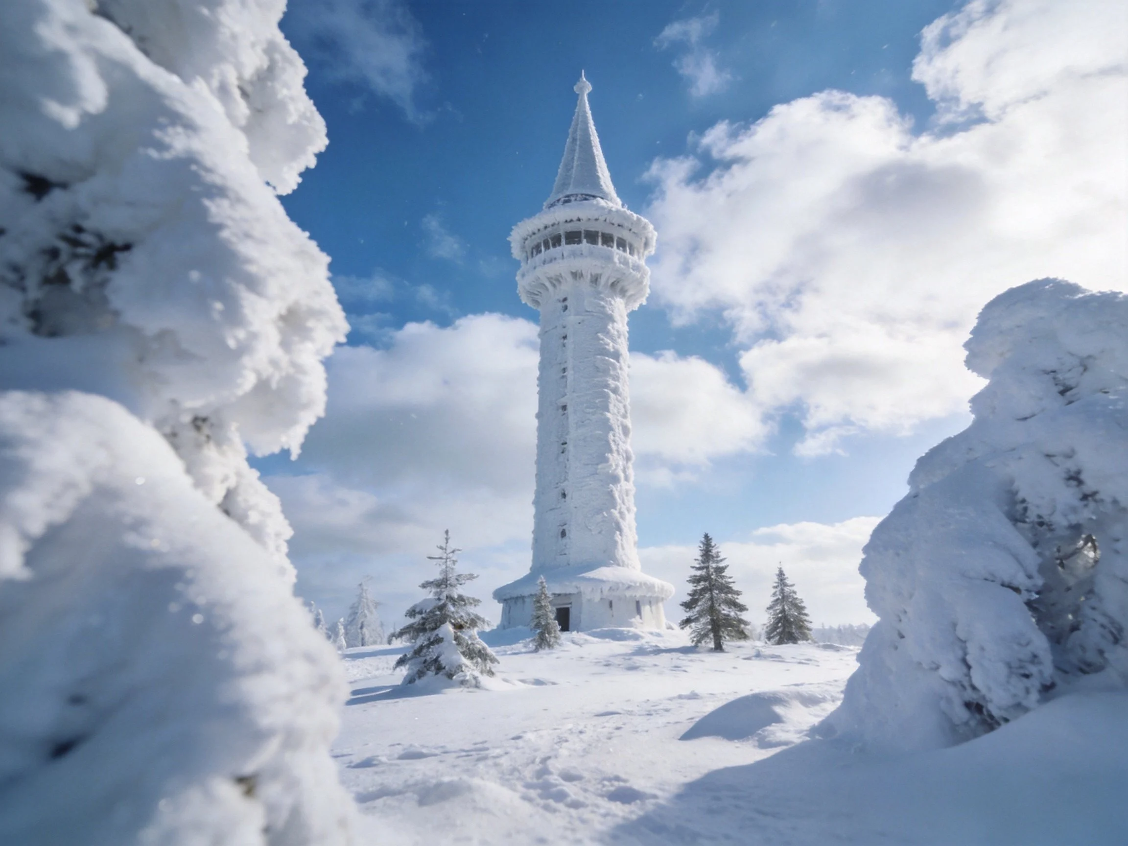 A snow-covered tower stands among frost-laden evergreens under bright blue sky