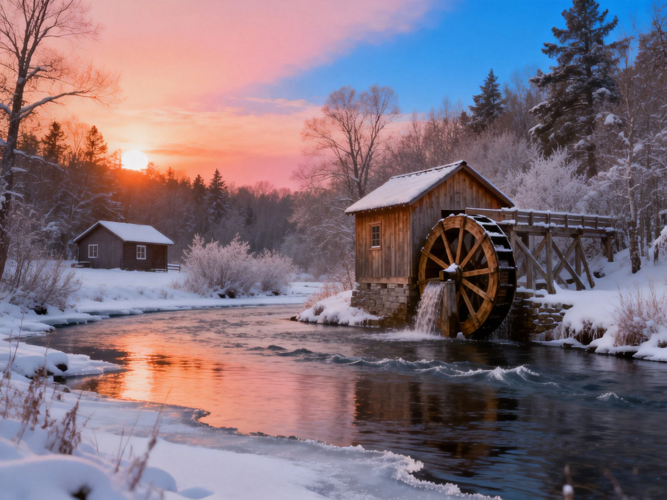 A snow-covered water mill by a frozen river at sunset