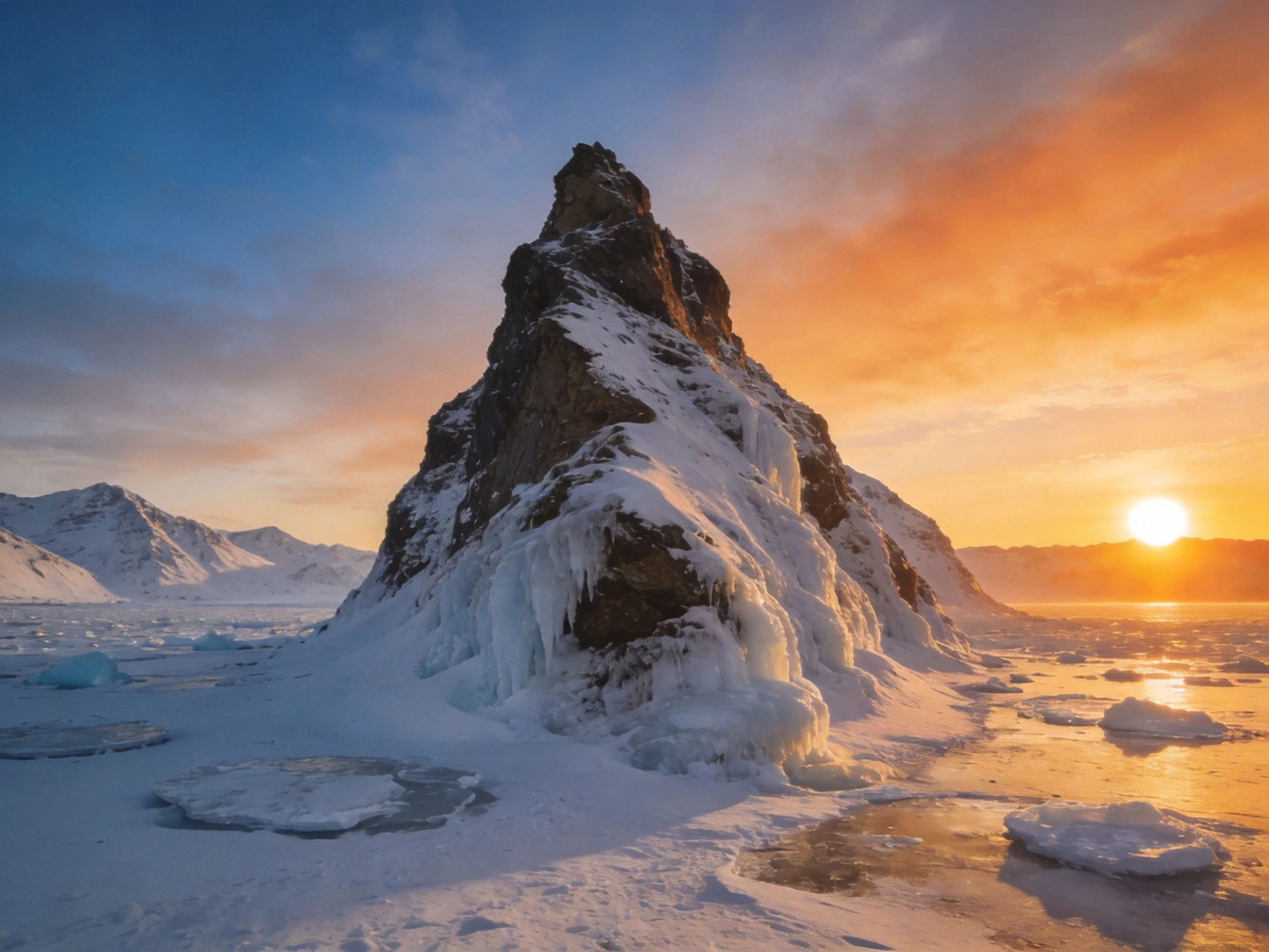 A snow-draped rocky peak amidst icy waters at sunset