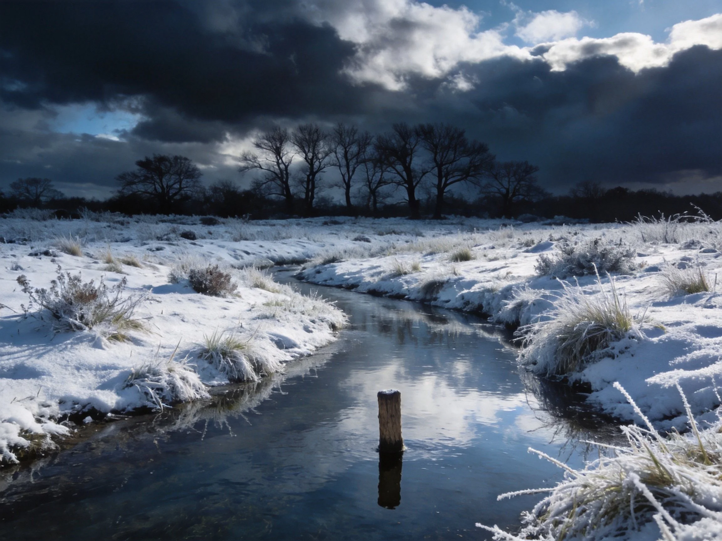A snow-draped stream under dramatic, dark storm clouds