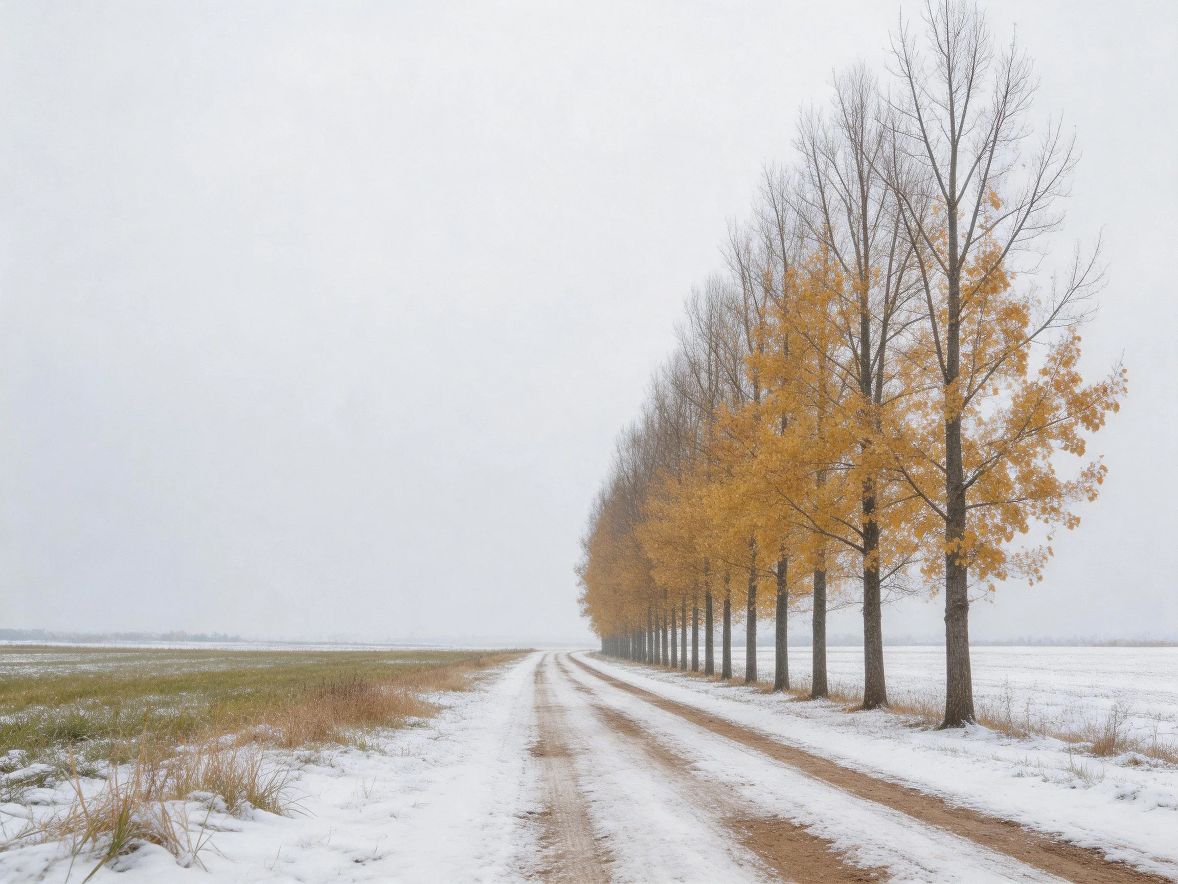 A snow-dusted road lined with golden-leaved trees under overcast skies