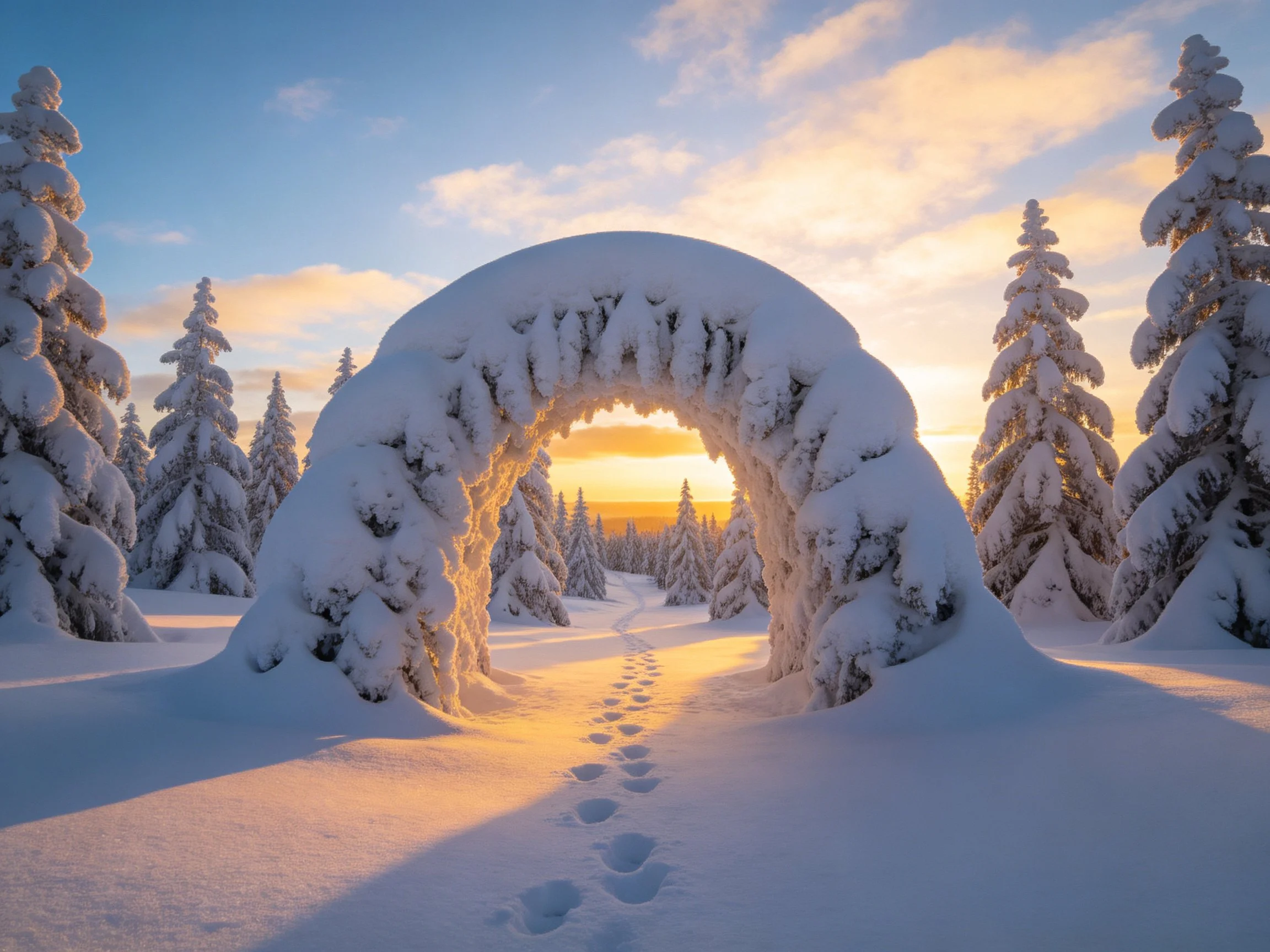 A snow-laden archway amidst frosty evergreens at golden hour