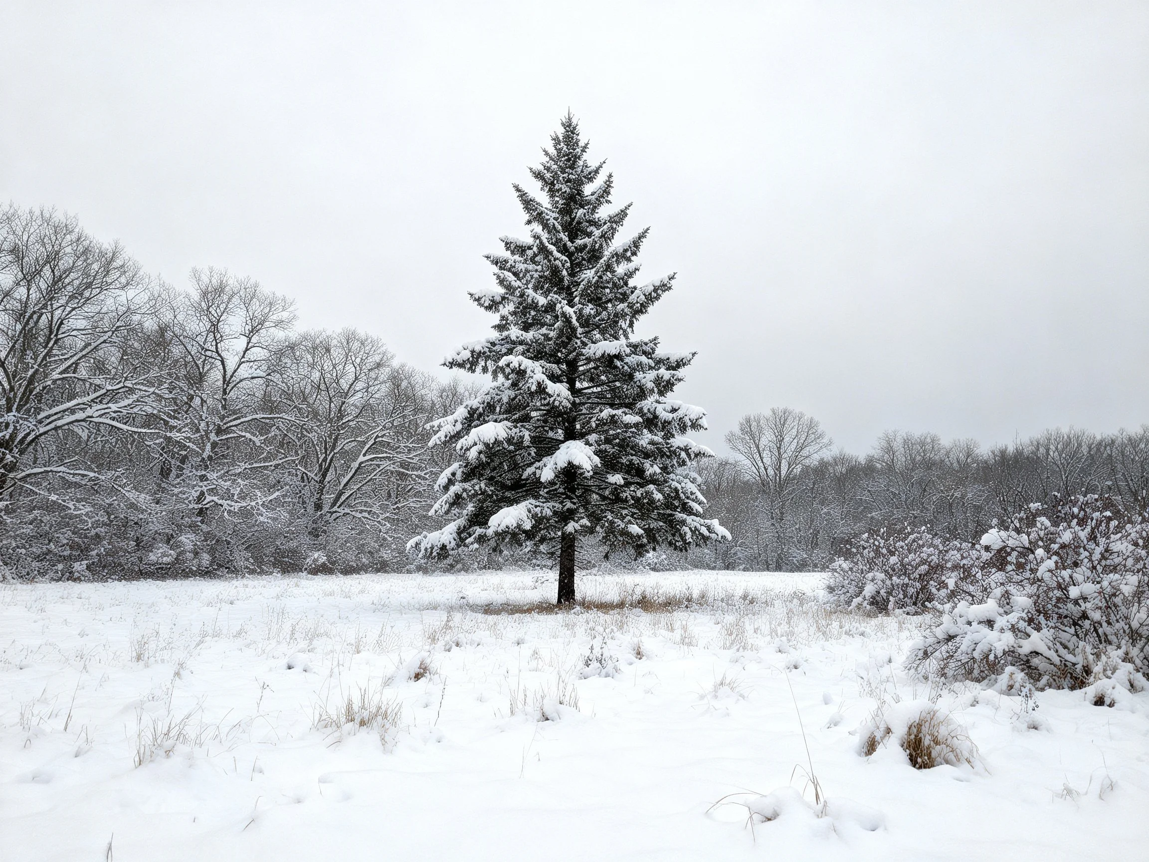 A snow-laden evergreen tree in a wintry forest clearing