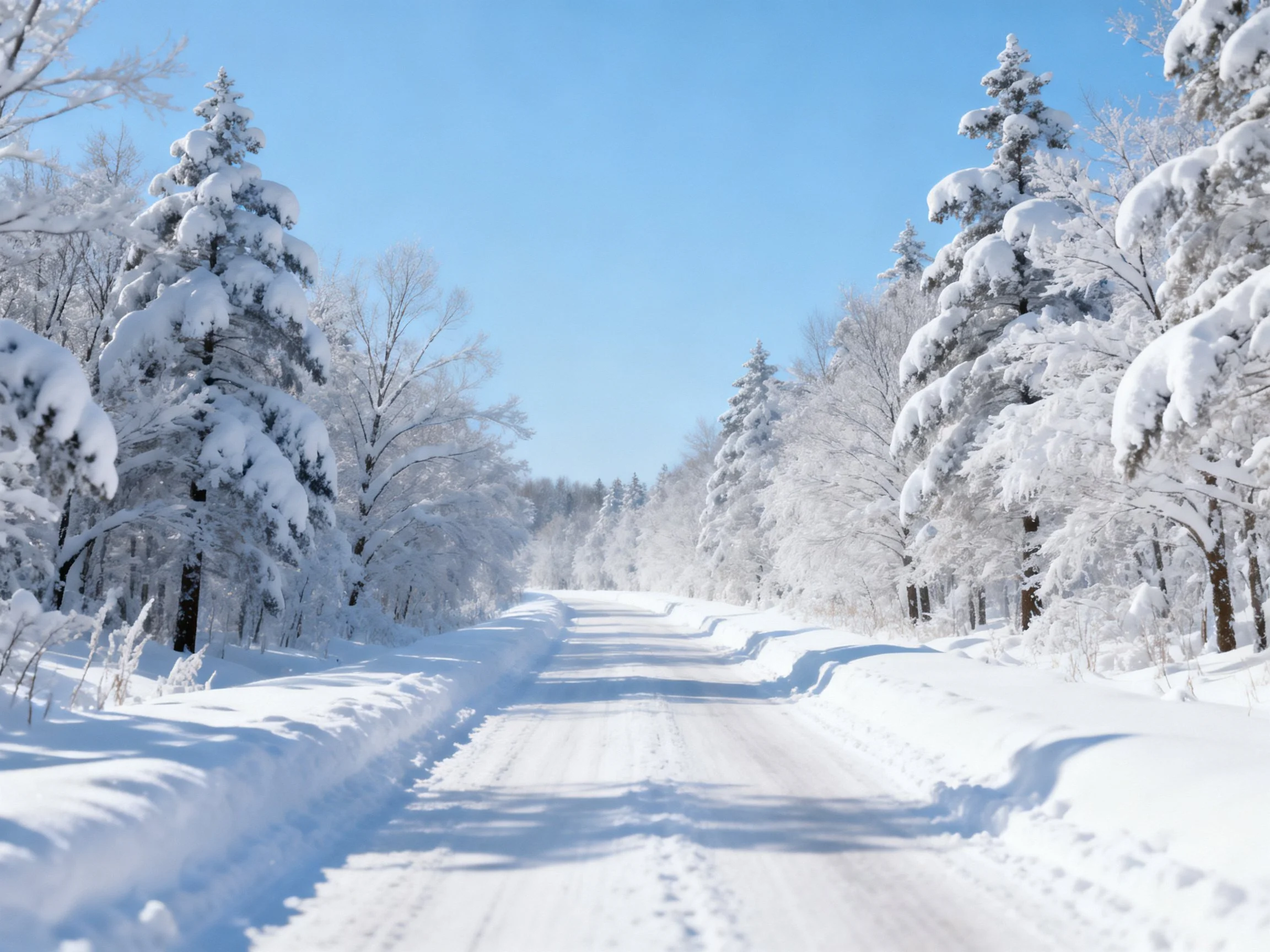 A snow-laden road winds through frosty evergreen forests under a bright blue sky