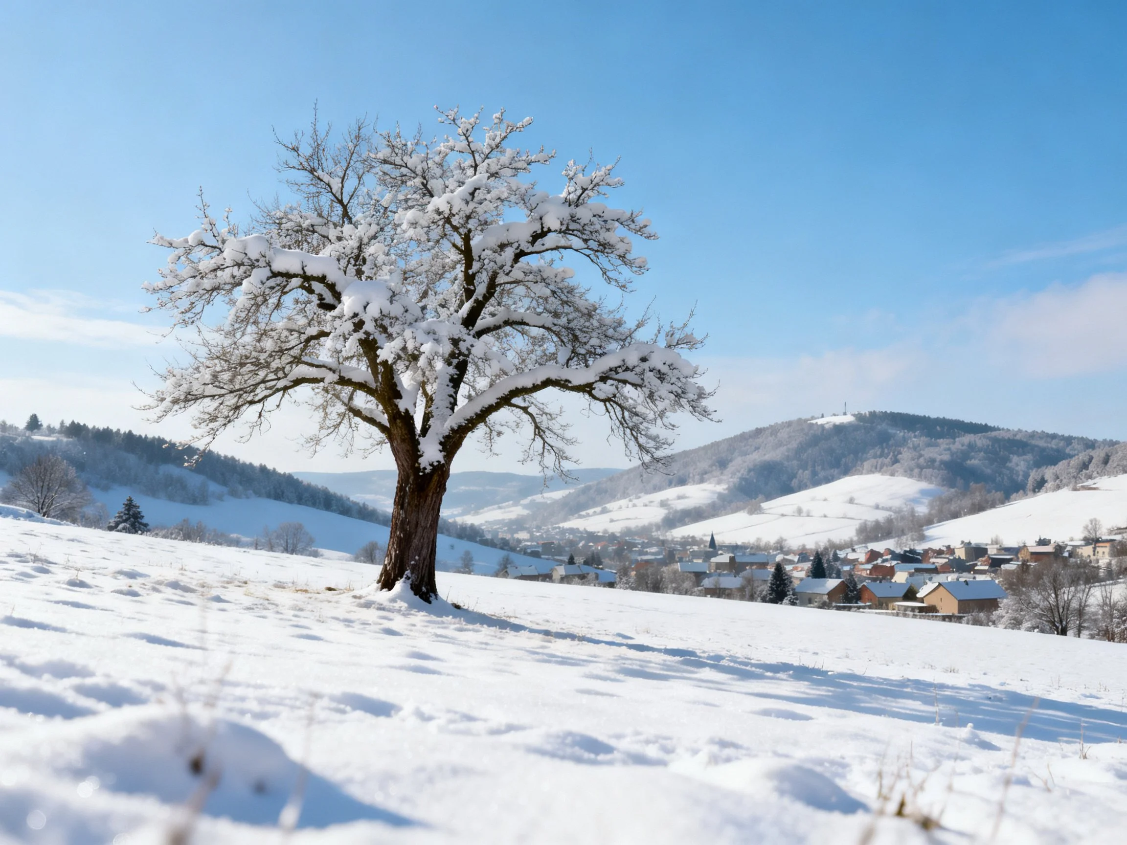 A snow-laden tree stands alone in a serene winter countryside