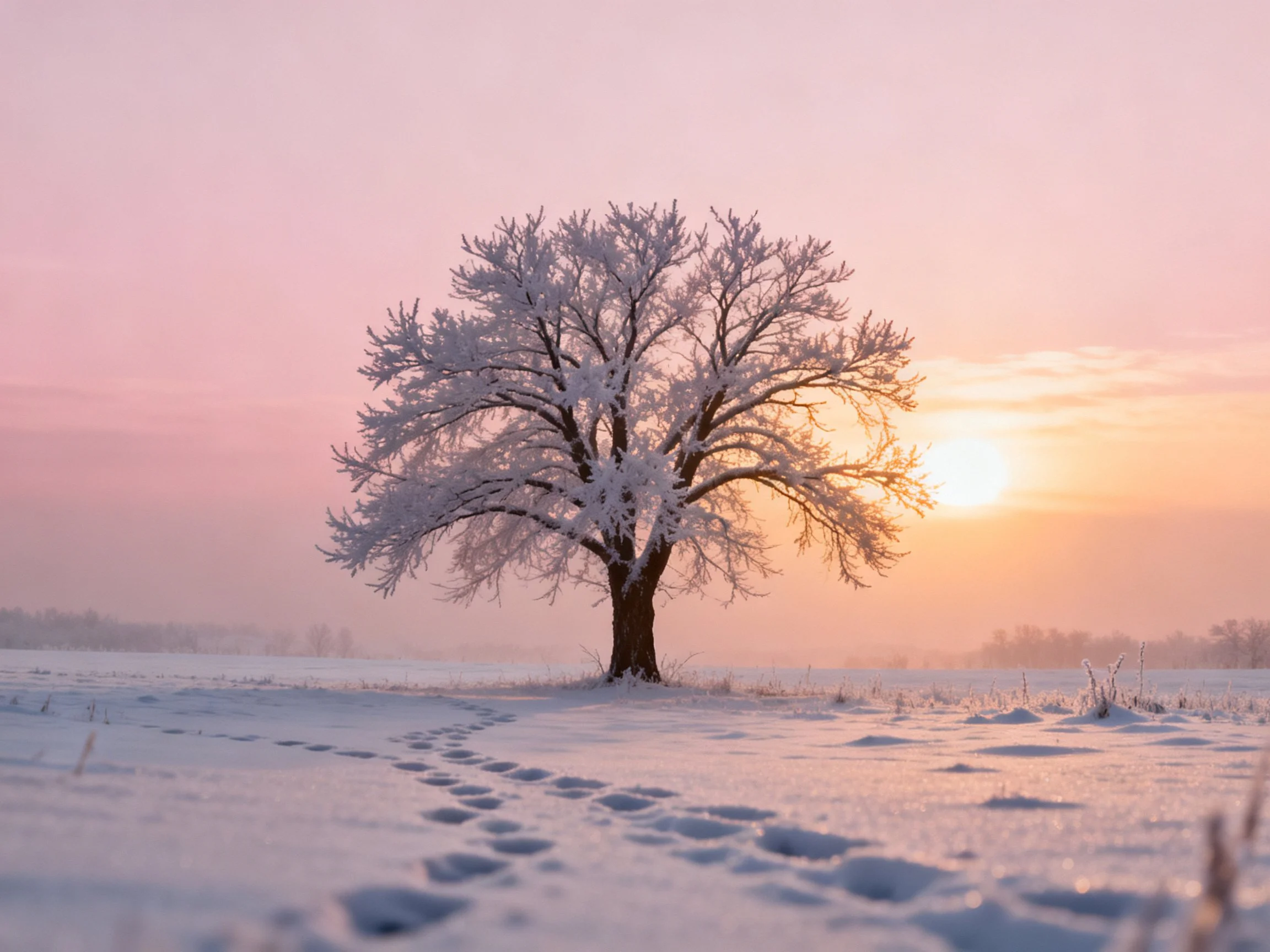 A snow-laden tree stands alone in a vast snowy field at sunrise