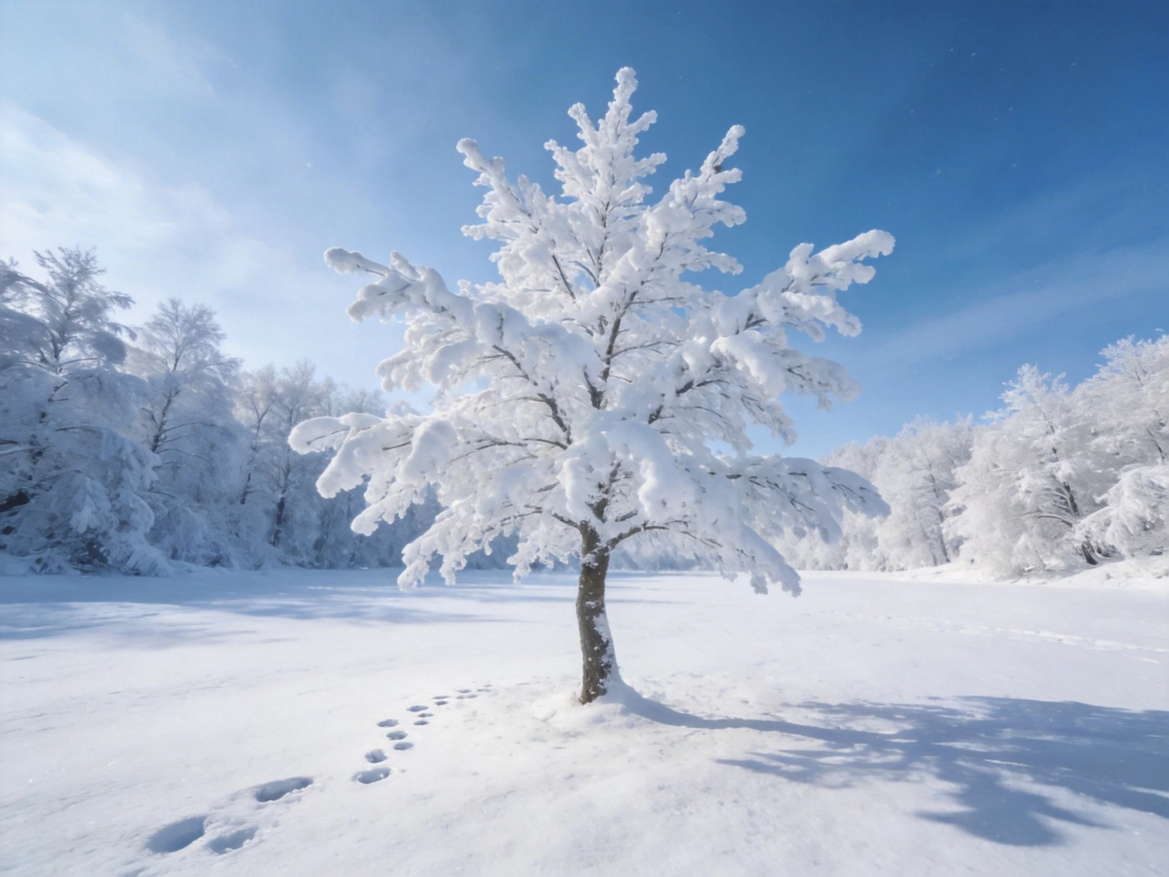 A snow-laden tree stands alone in a vast snowy field