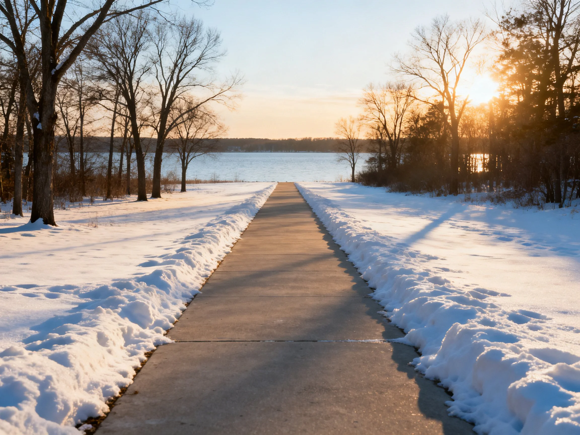 A snow - lined concrete path leads toward a frozen lake at sunset