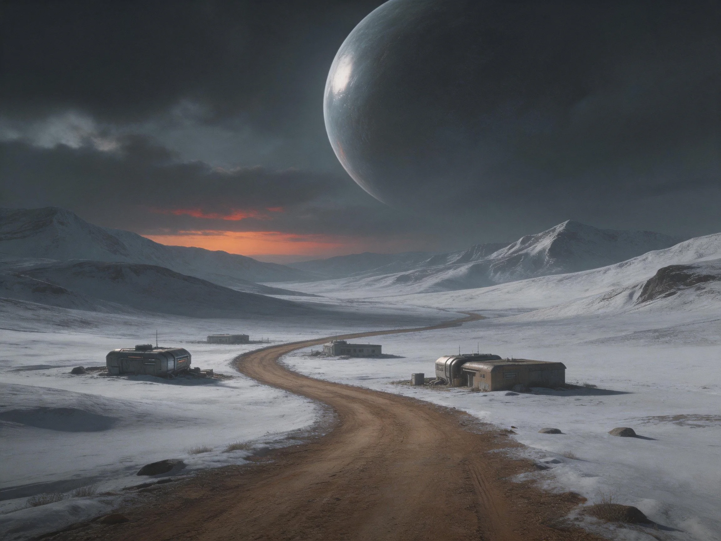 A snowy alien landscape with a massive celestial body, winding dirt road, and settlements
