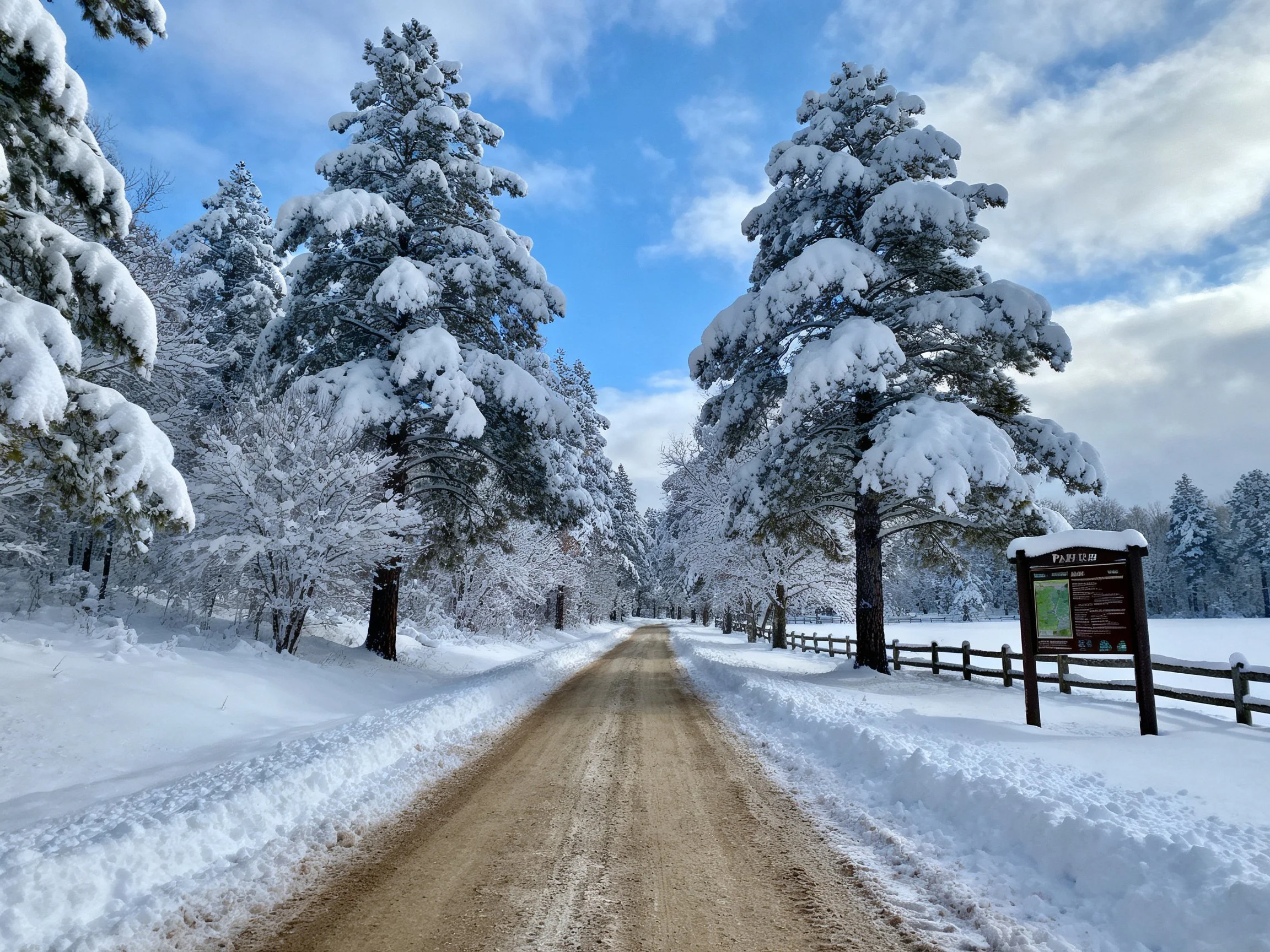 A snowy dirt road bordered by heavily snow-capped evergreens extends toward the horizon