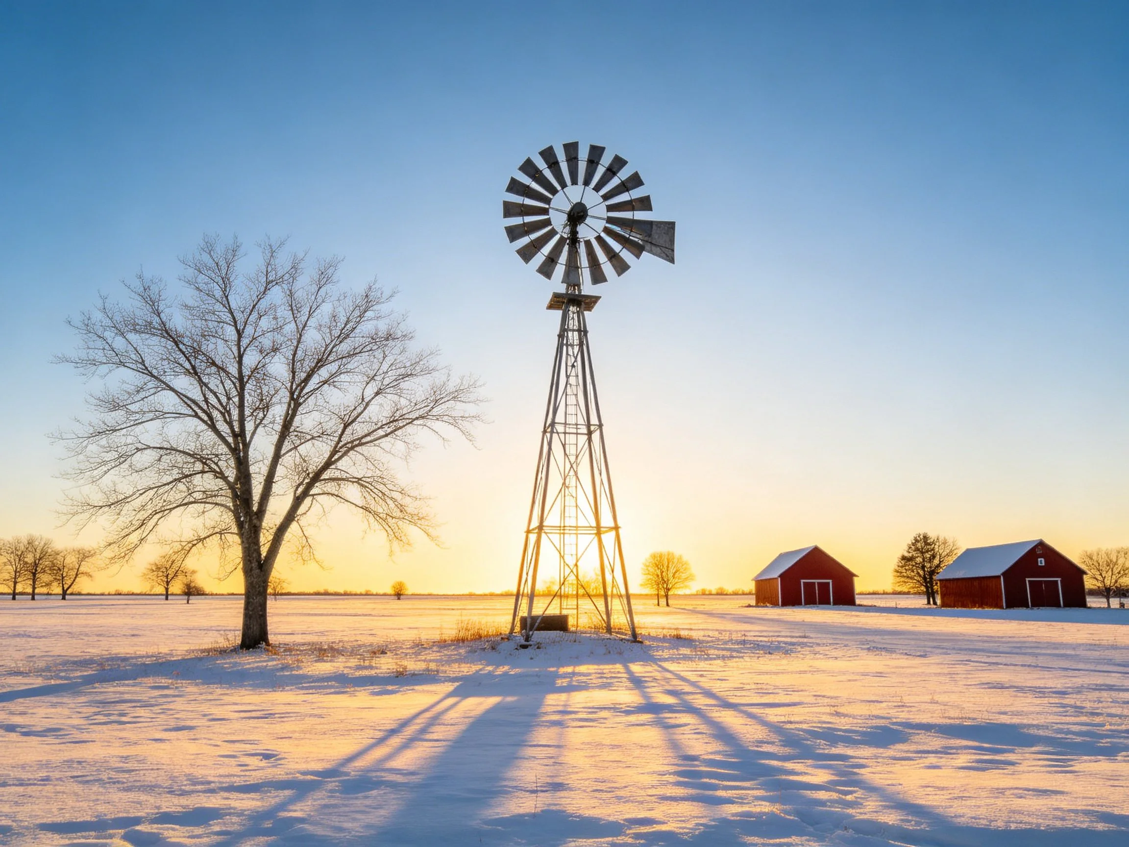 A snowy farm landscape with a tall metal windmill, bare tree, and red barns under golden light