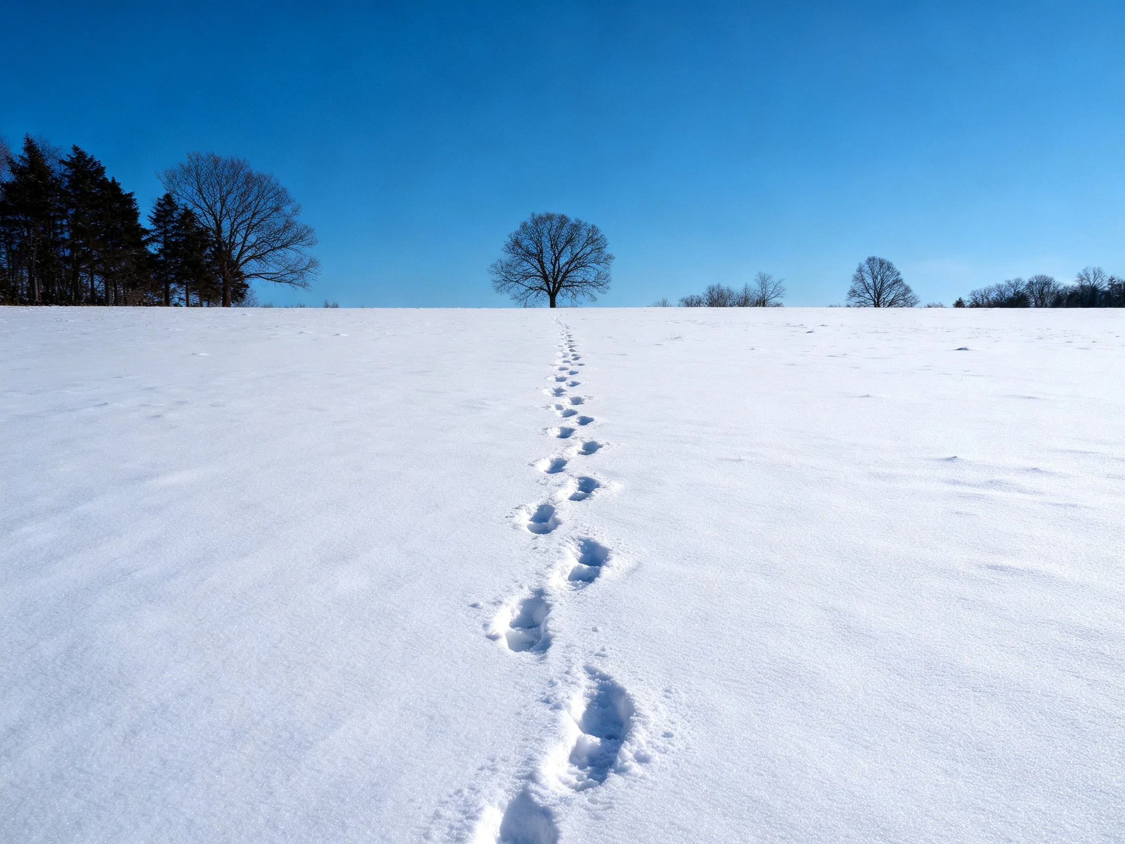 A snowy field with footprints leading to a lone tree under clear blue sky