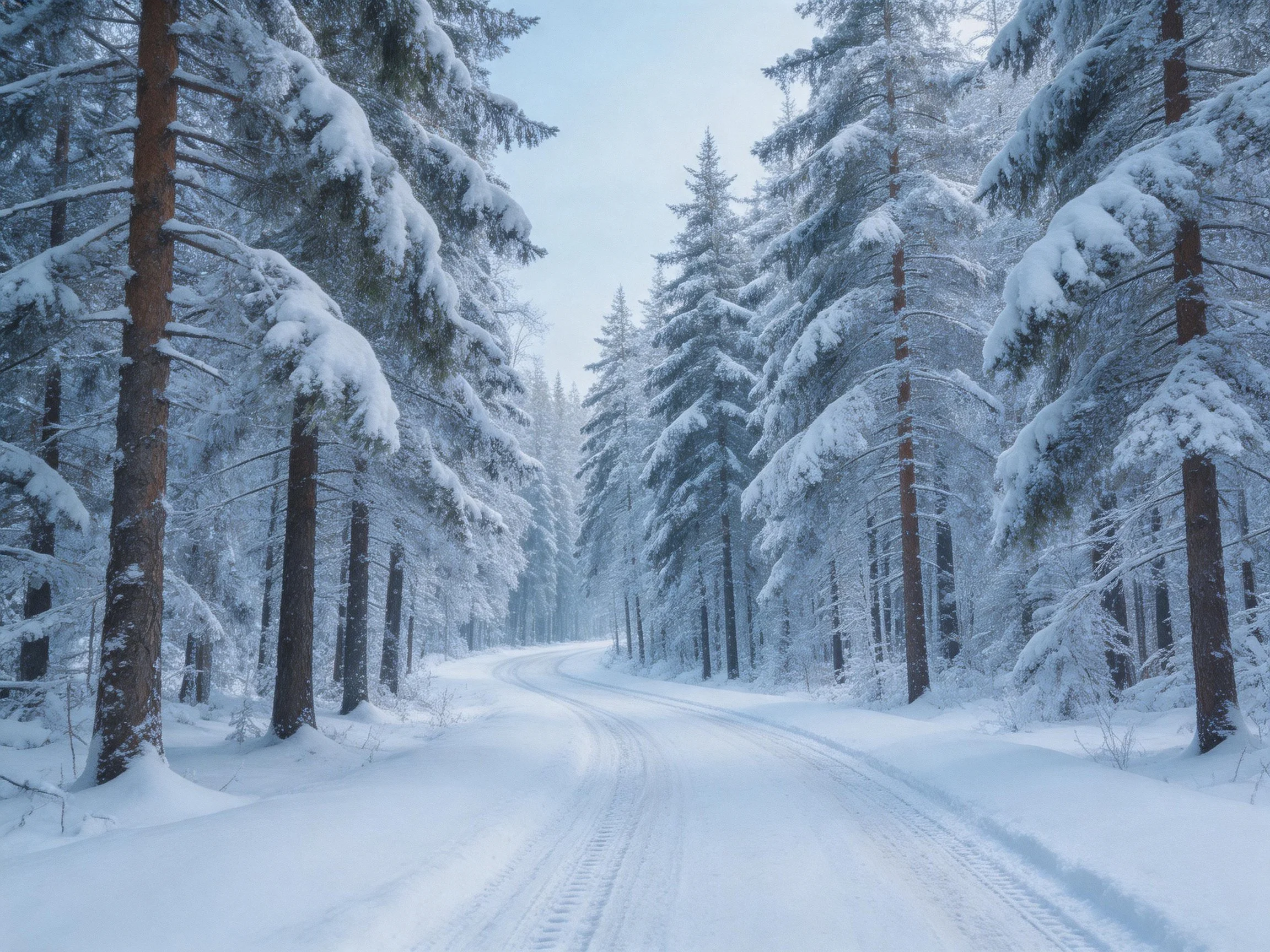 A snowy forest path winds between tall, snow-covered evergreen trees
