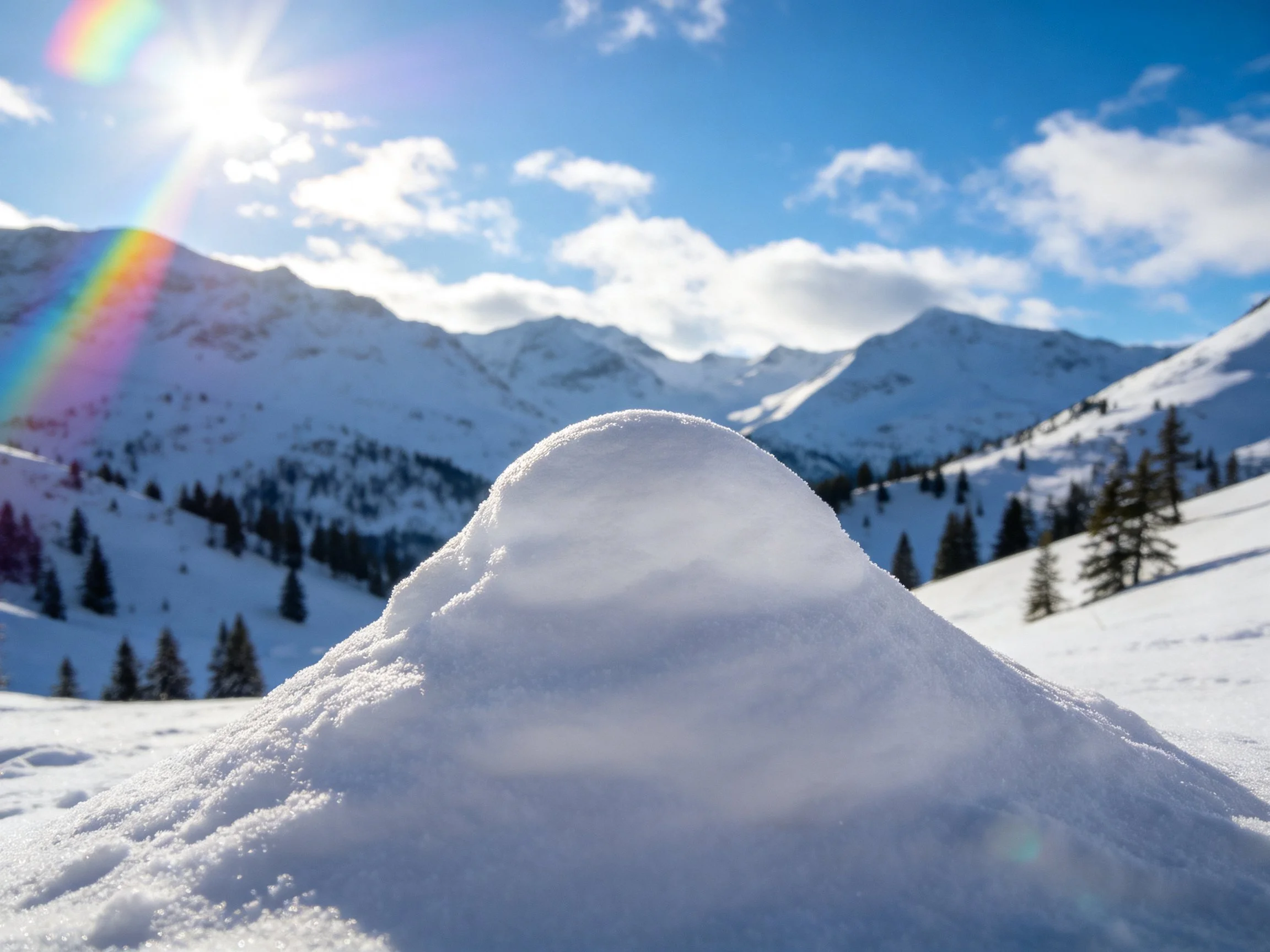 A snowy mountain landscape with a snow mound, bright blue sky, and sun flare