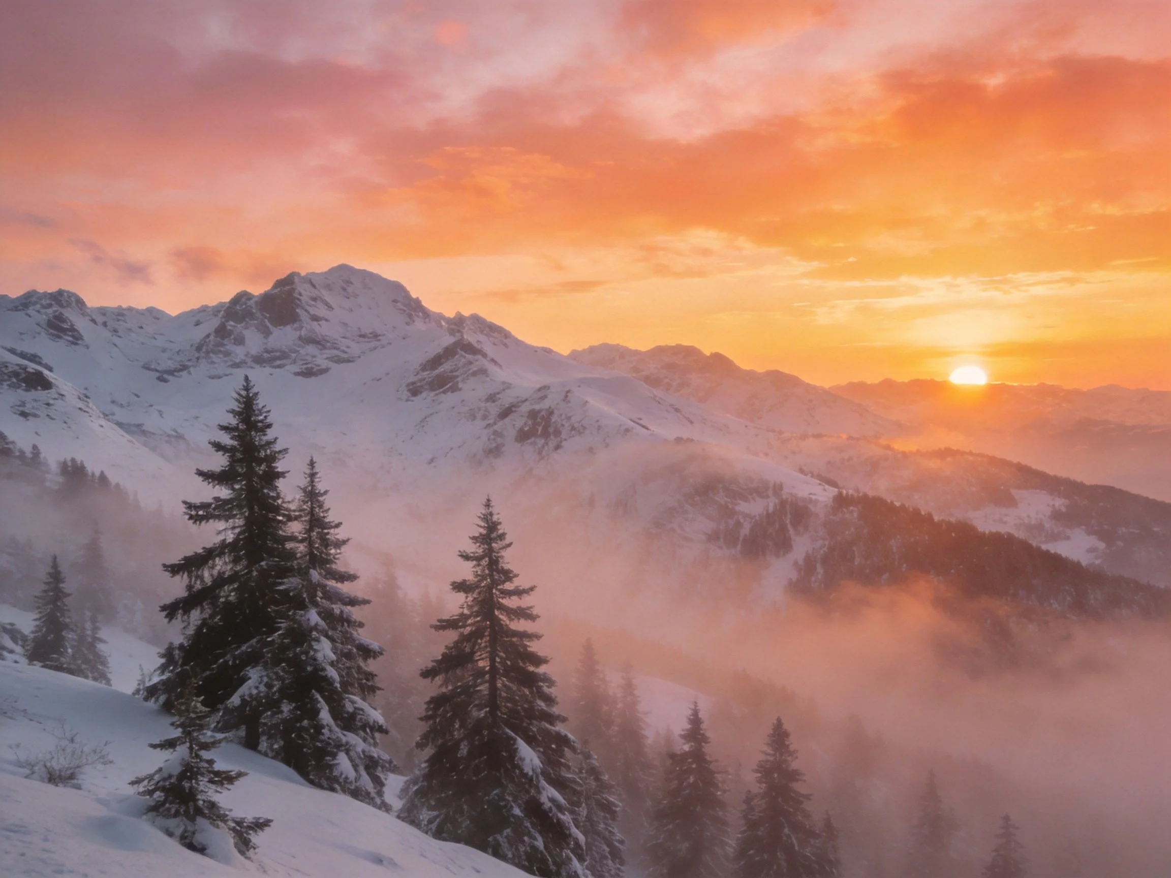 A snowy mountain landscape with pine trees under vibrant sunset hues