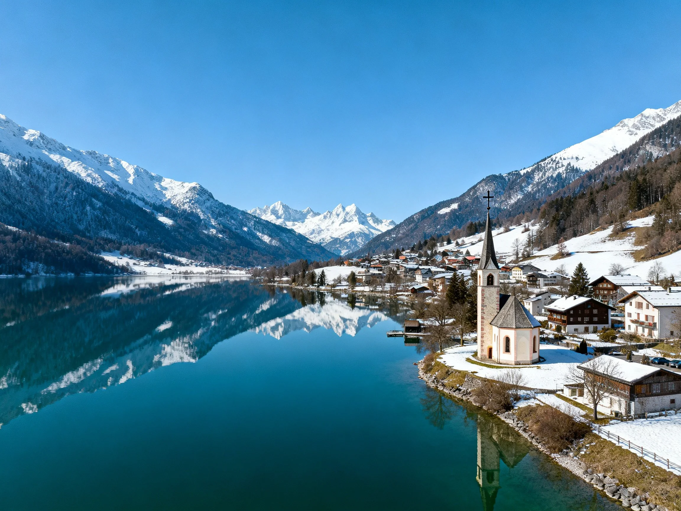 A snowy mountain village beside turquoise lake