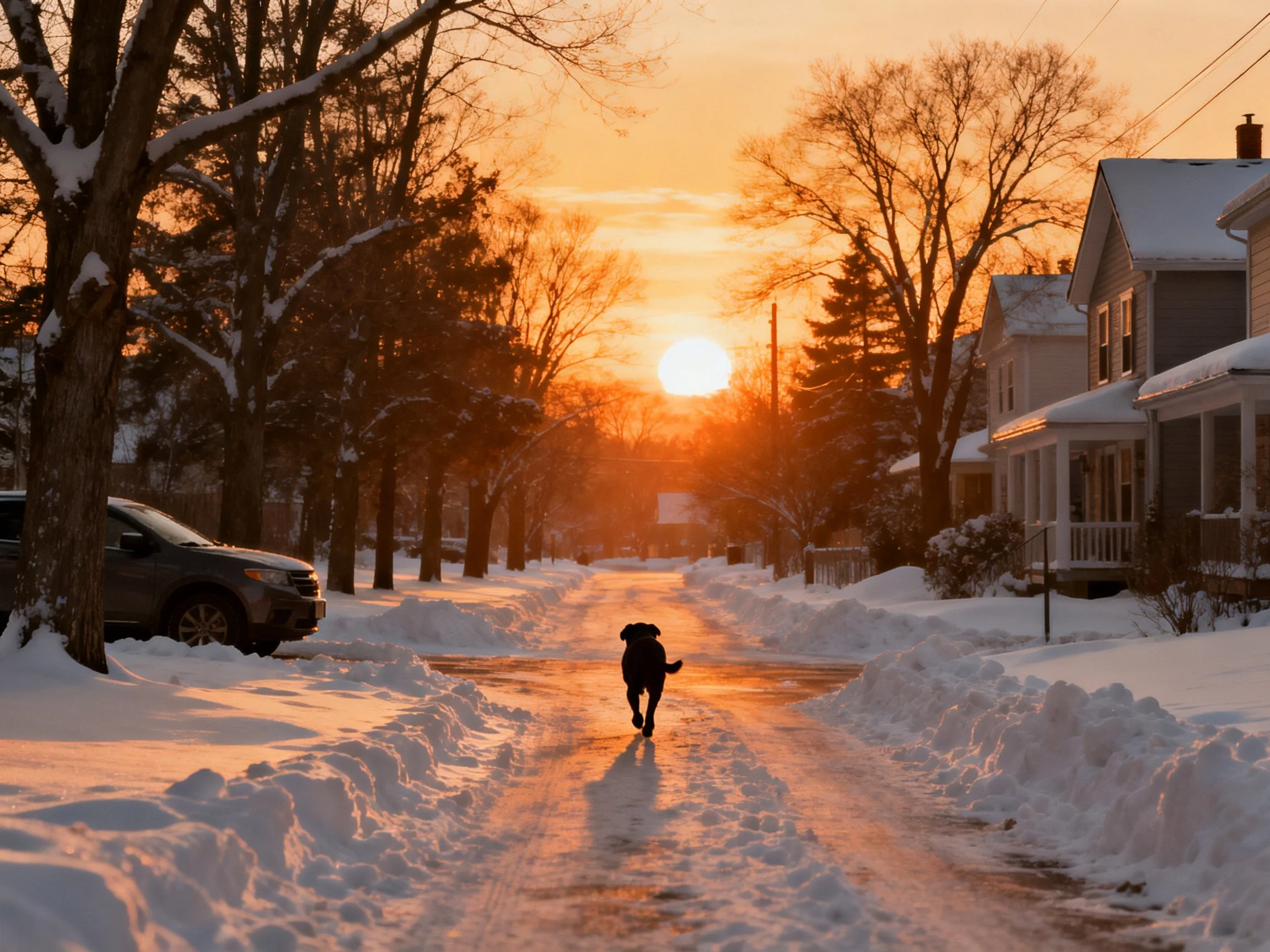 A snowy residential street at sunset with a dog running