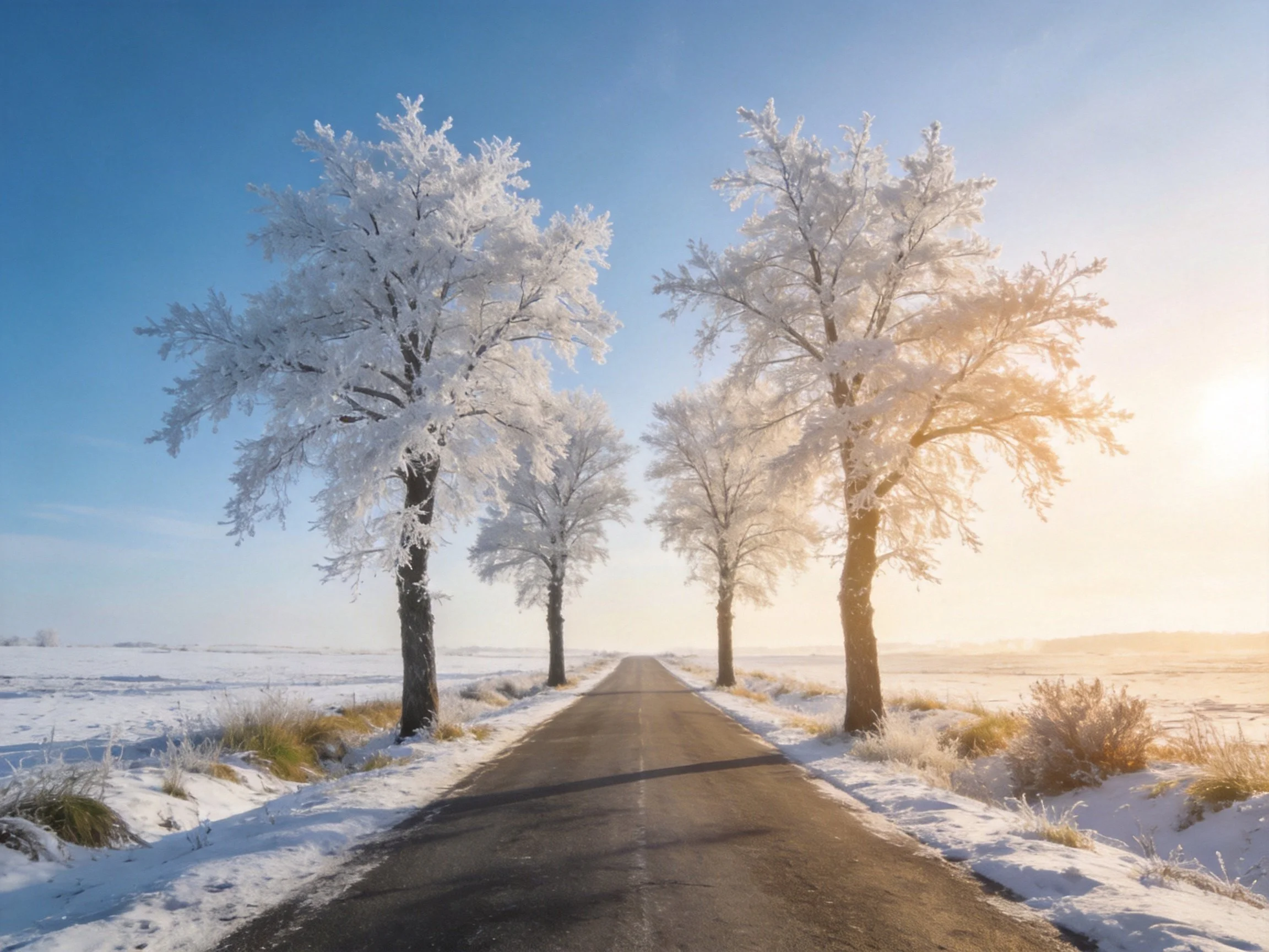 A snowy road runs between frost-covered trees under a clear blue sky