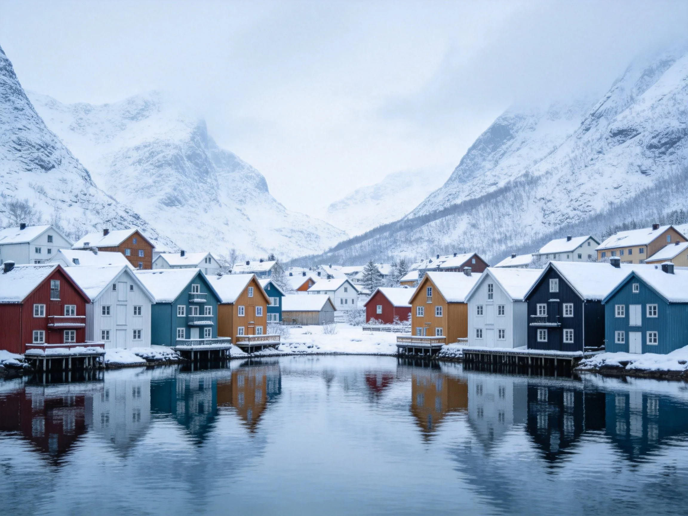 A snowy village with colorful houses reflected in calm waters amid towering mountains