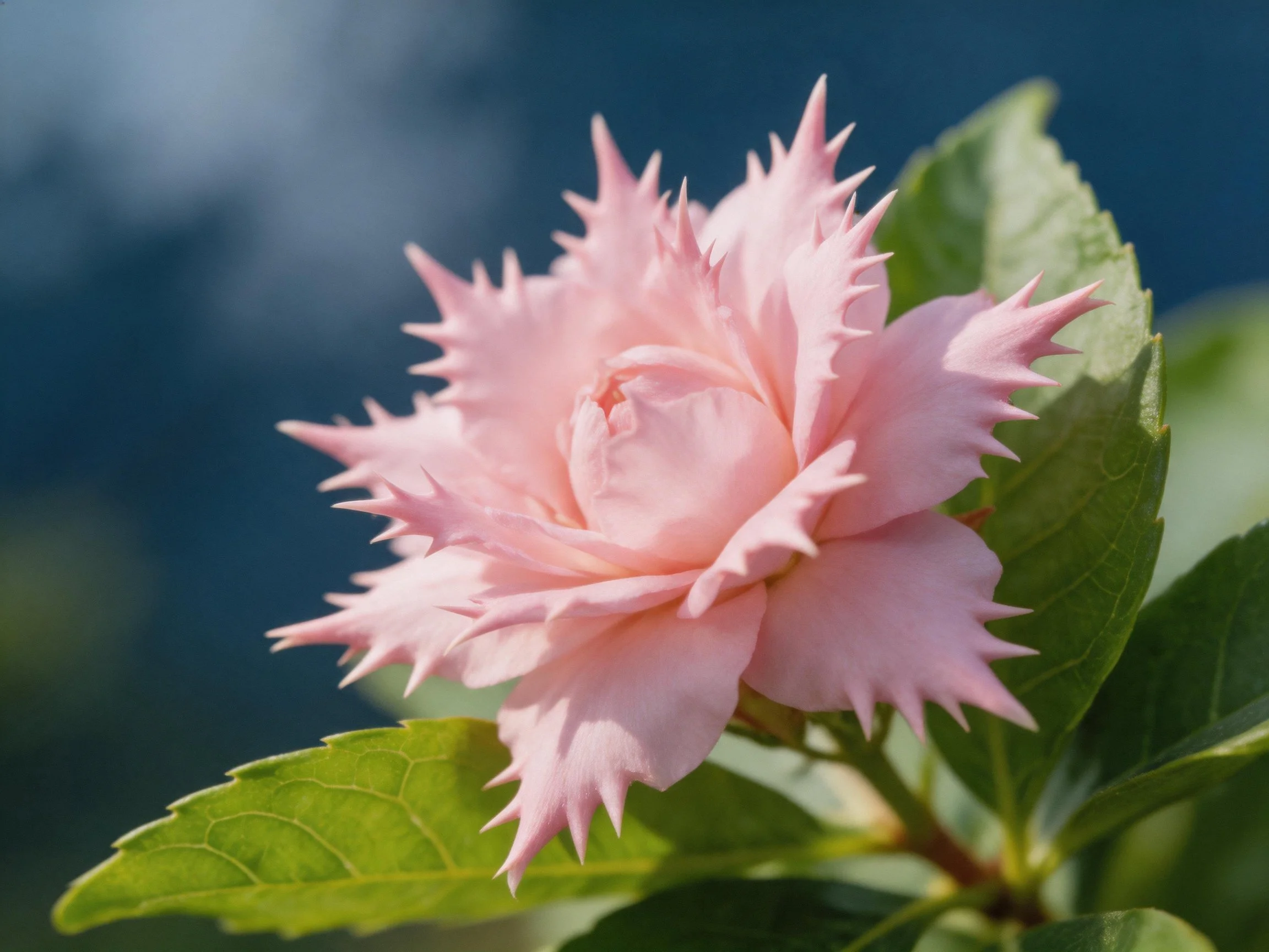 A soft pink spiky-petaled flower with green foliage