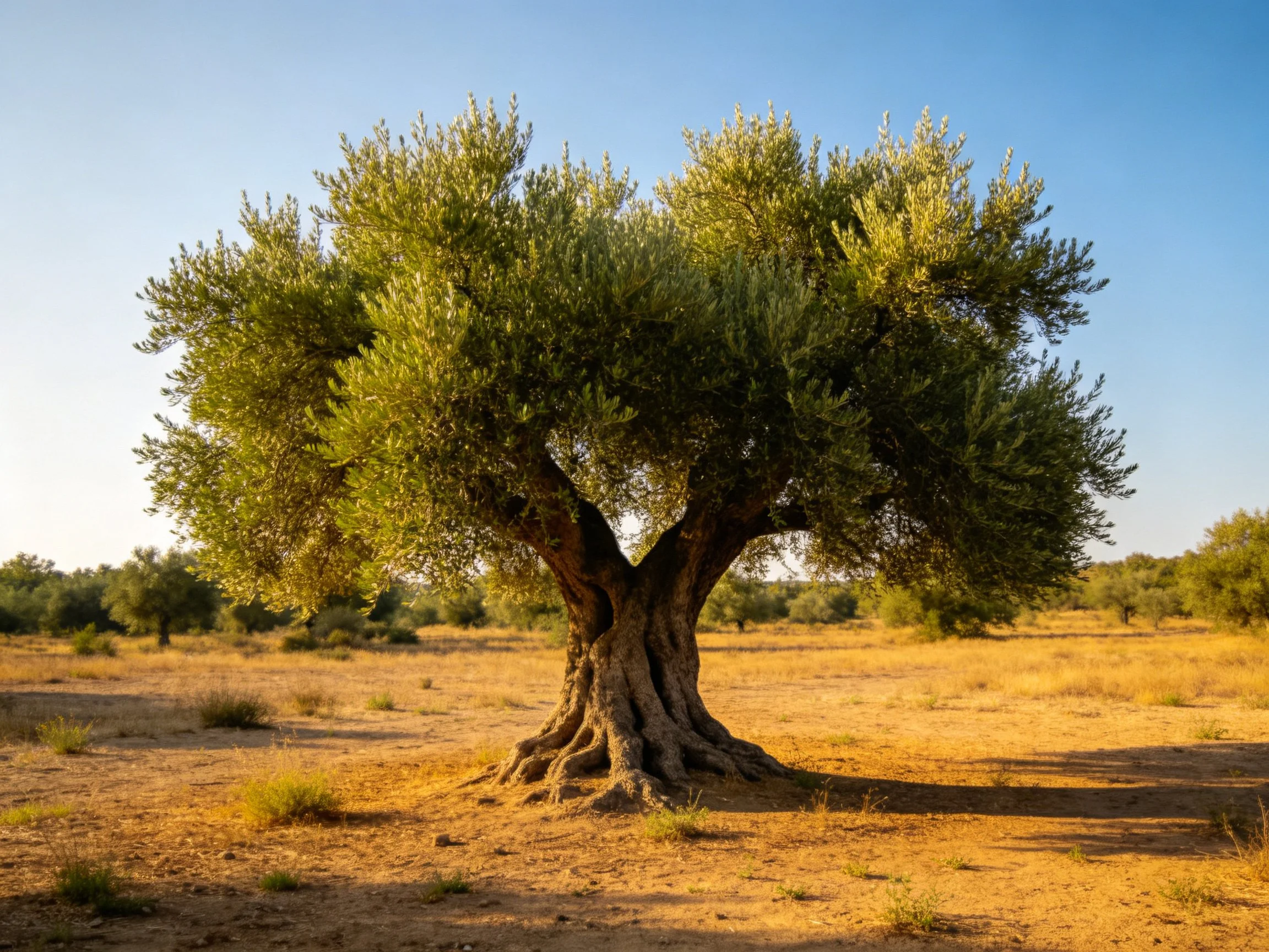 A solitary ancient olive tree stands in a sunlit dry landscape.