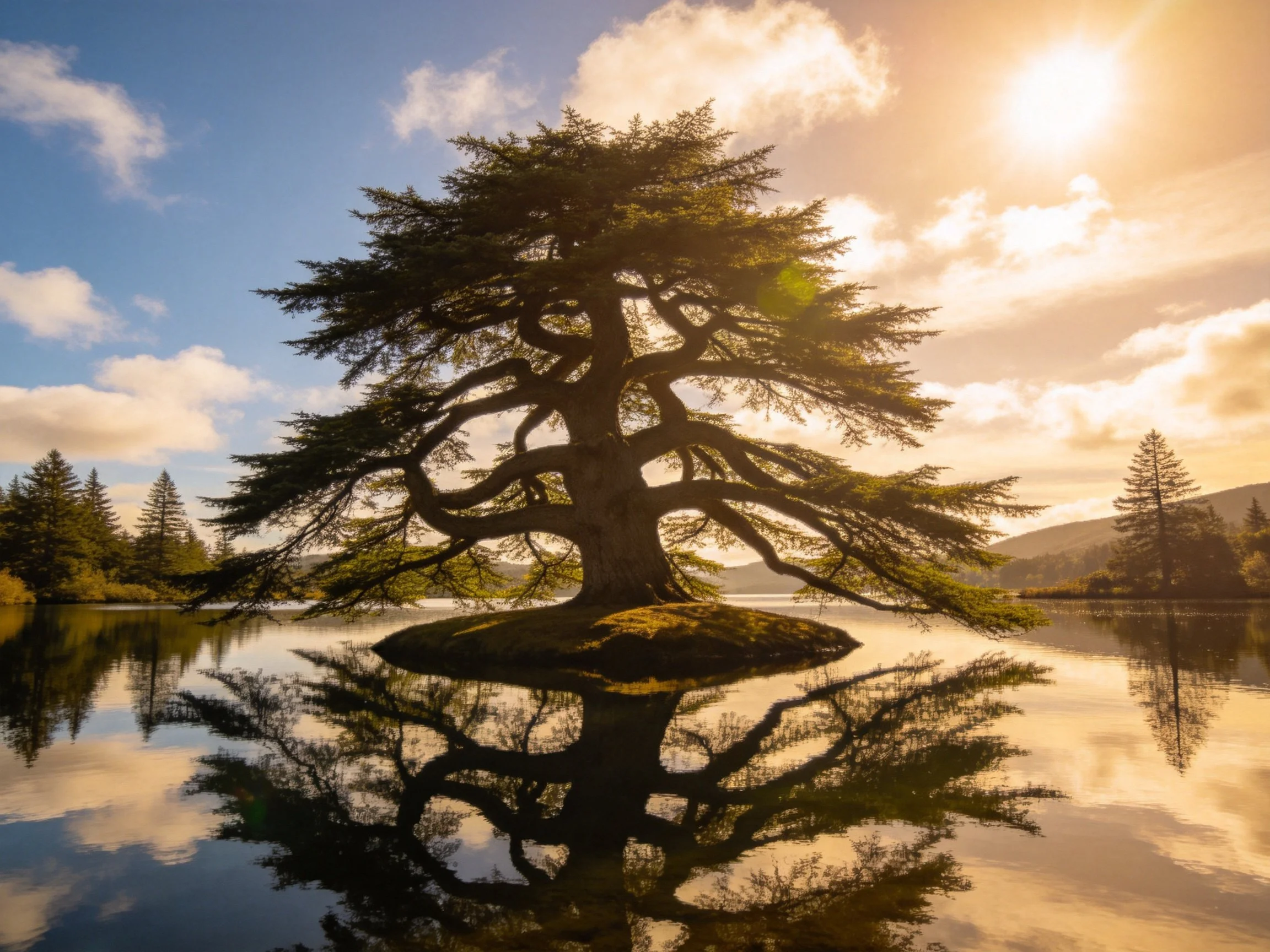 A solitary ancient tree reflected perfectly in calm waters under golden sunlight