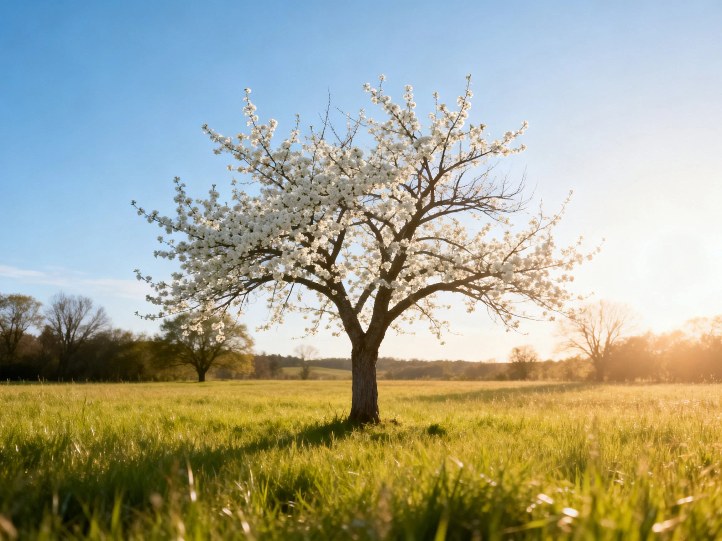 A solitary flowering tree in a sunlit grassy field
