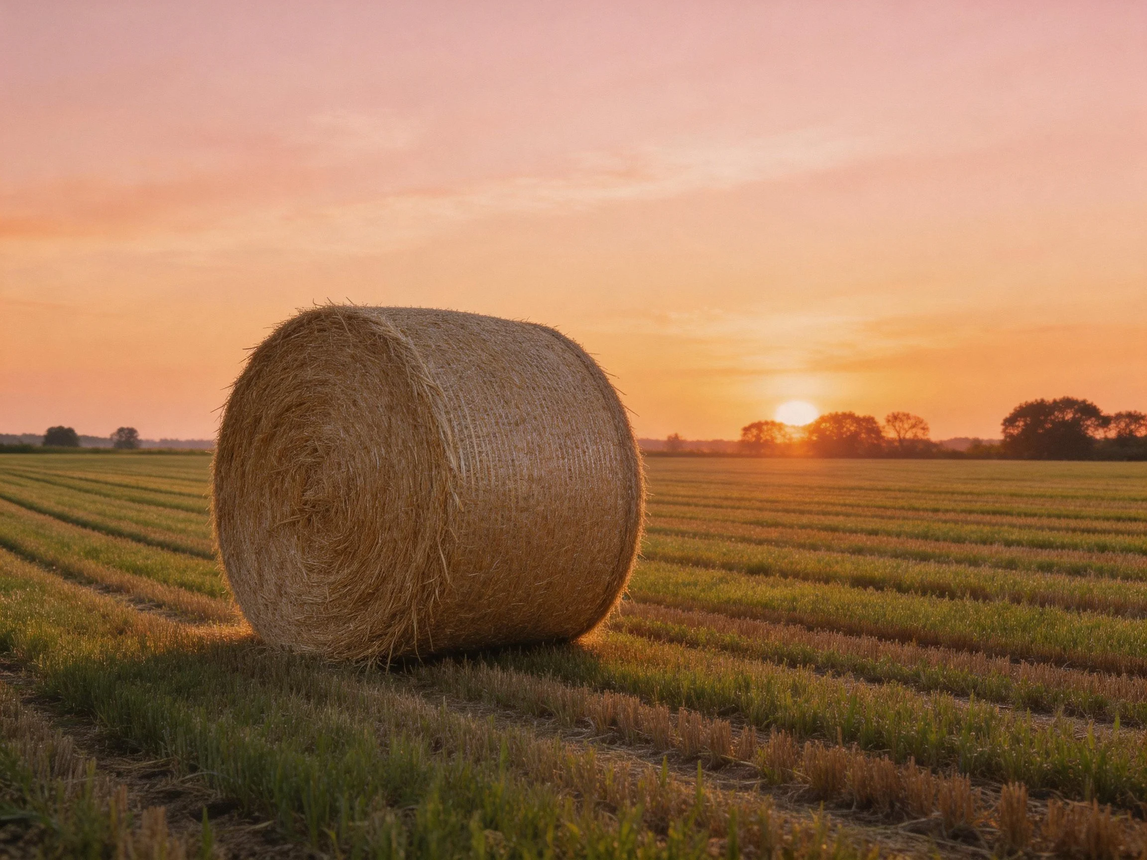 A solitary hay bale rests in a golden field at sunset