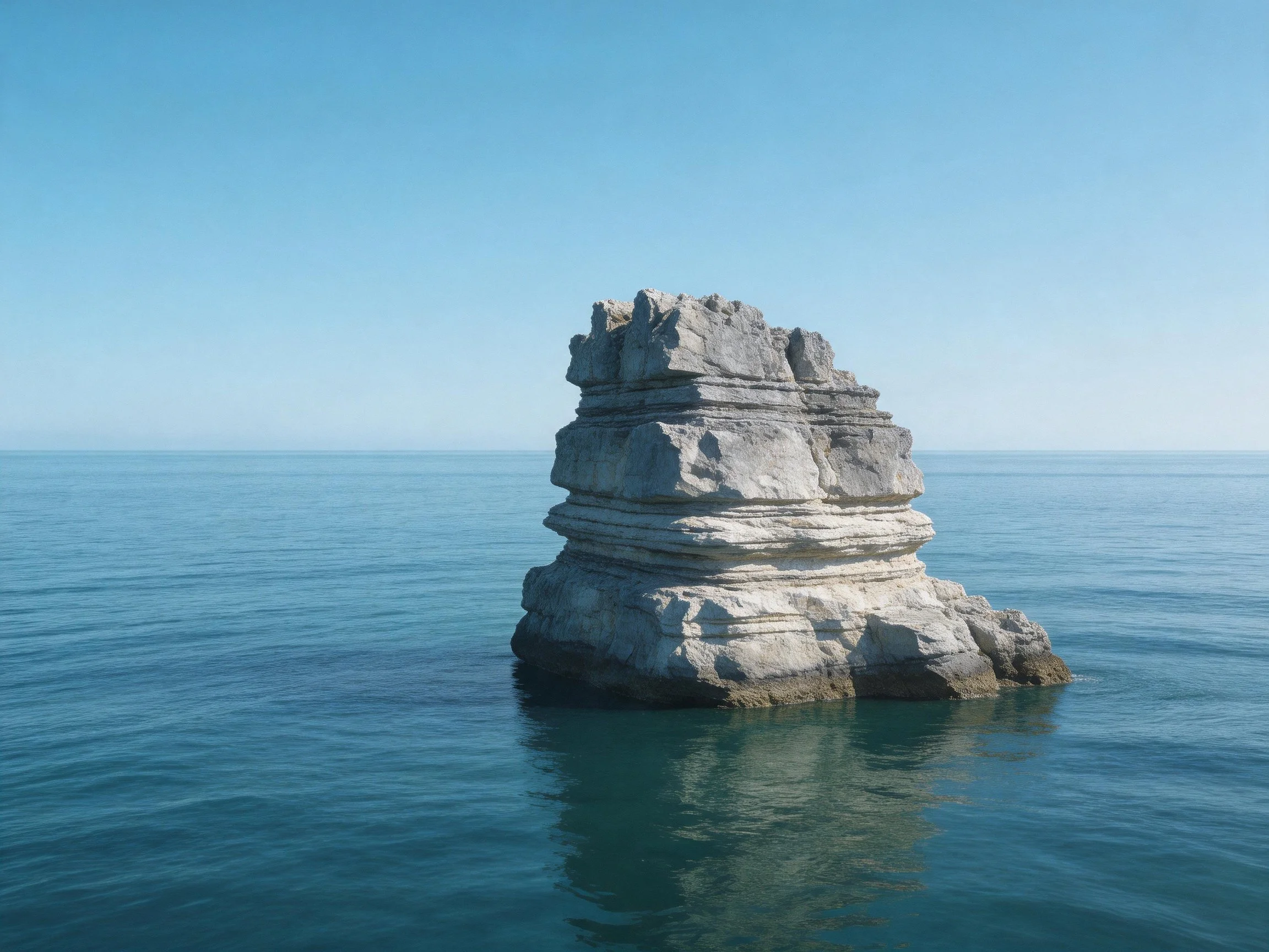 A solitary layered rock formation rises from calm turquoise waters