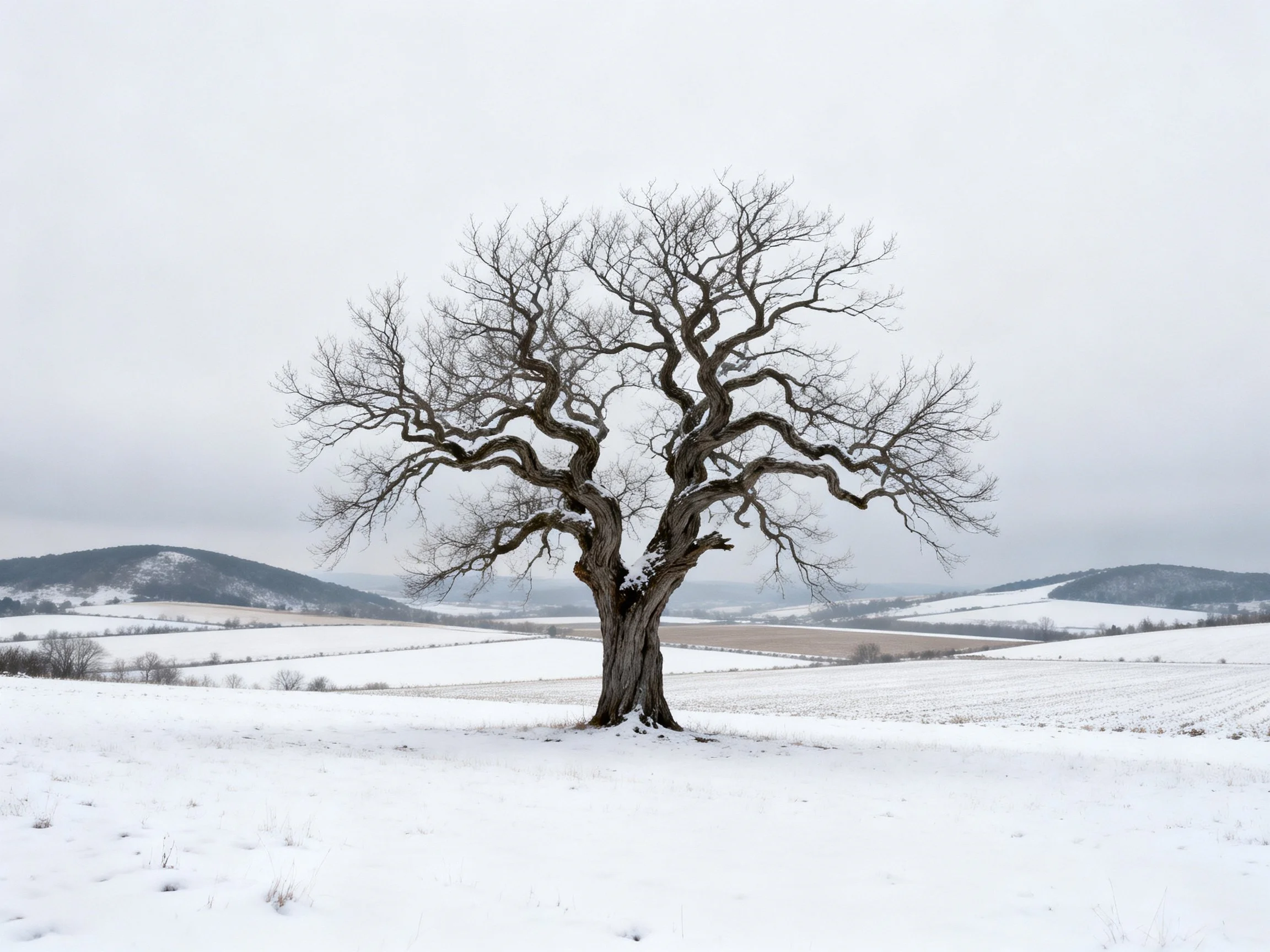 A solitary leafless tree dominates a vast snowy landscape