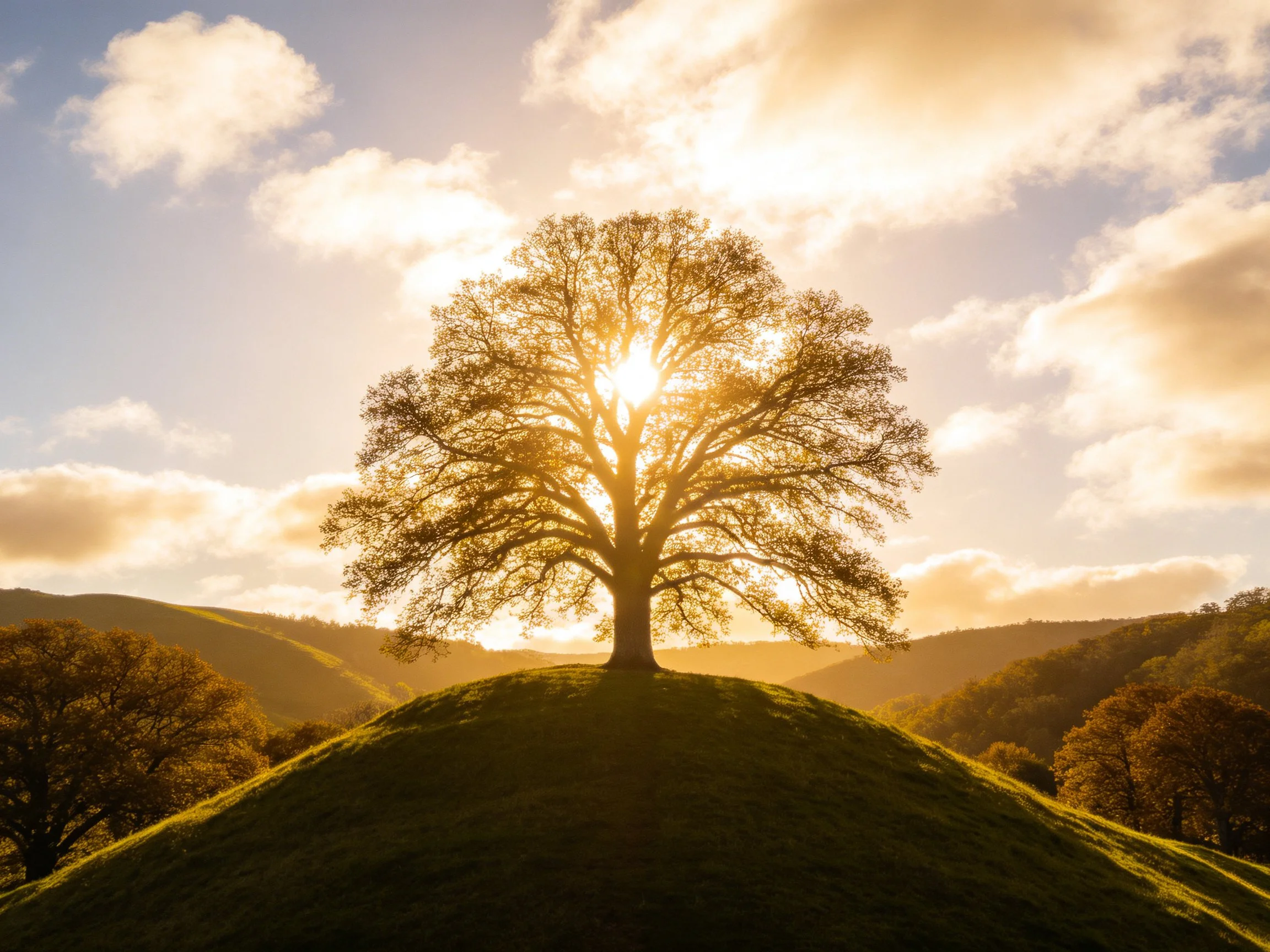 A solitary oak tree atop a grassy hill under golden sunlight