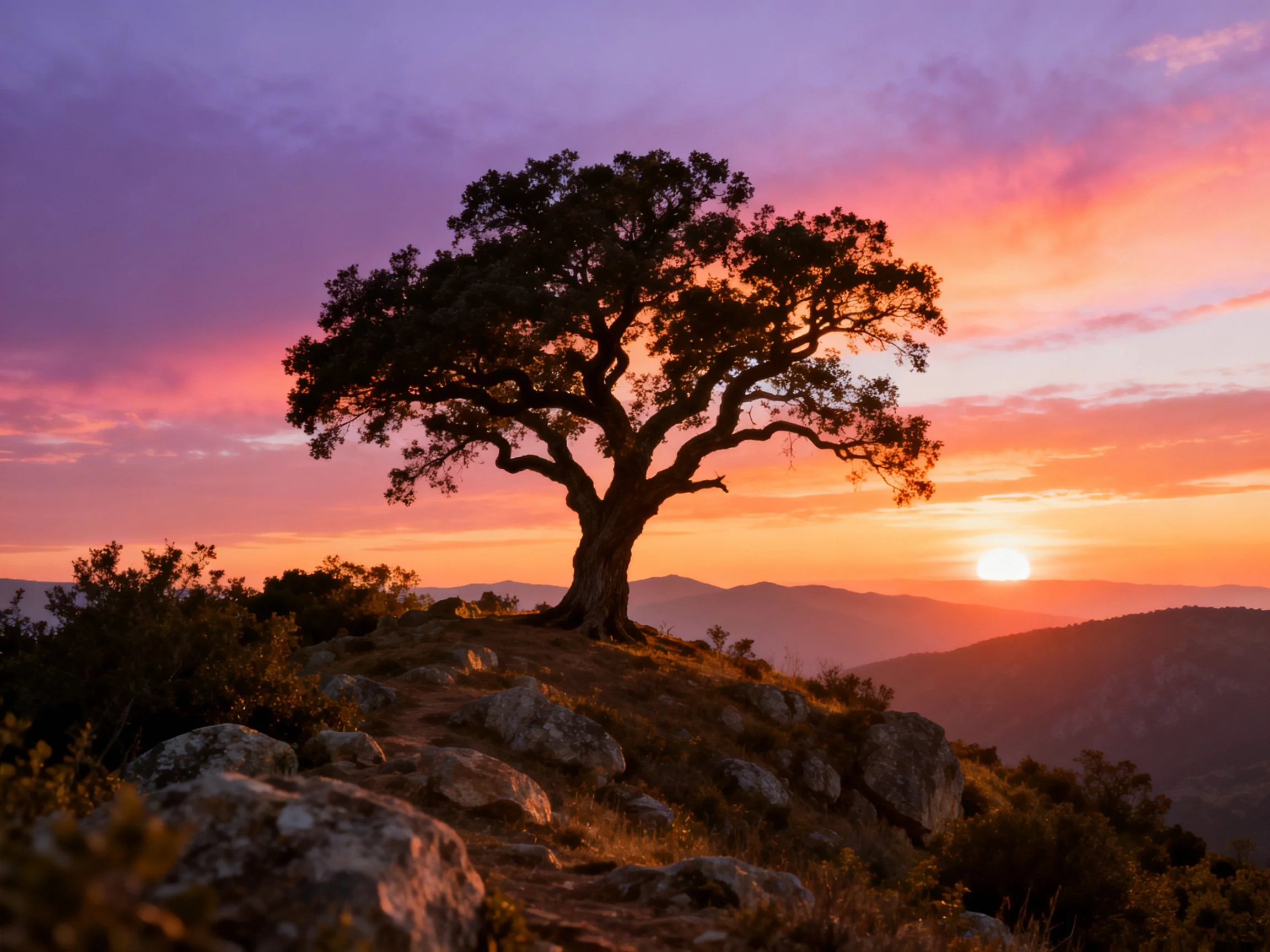 A solitary oak tree silhouetted on rocky hilltop beneath vivid sunset sky
