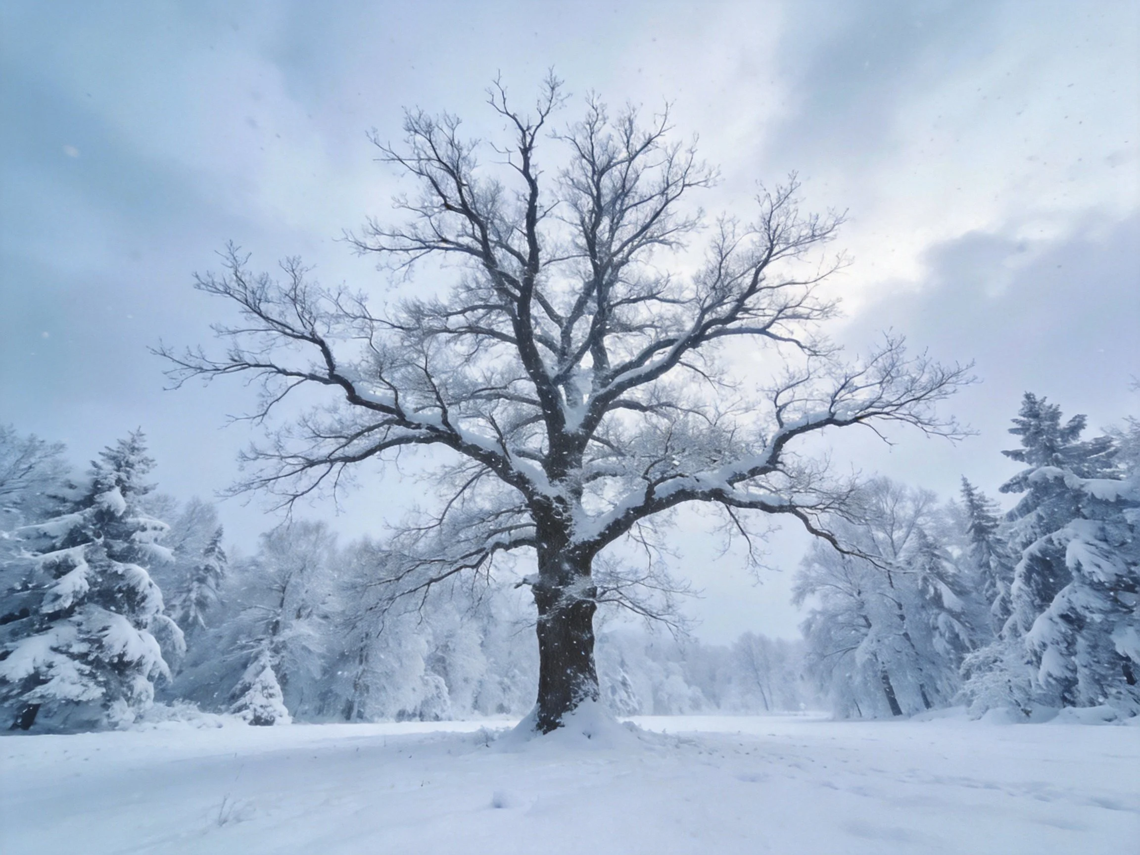 A solitary oak tree stands amid snow-laden evergreens under a pale winter sky