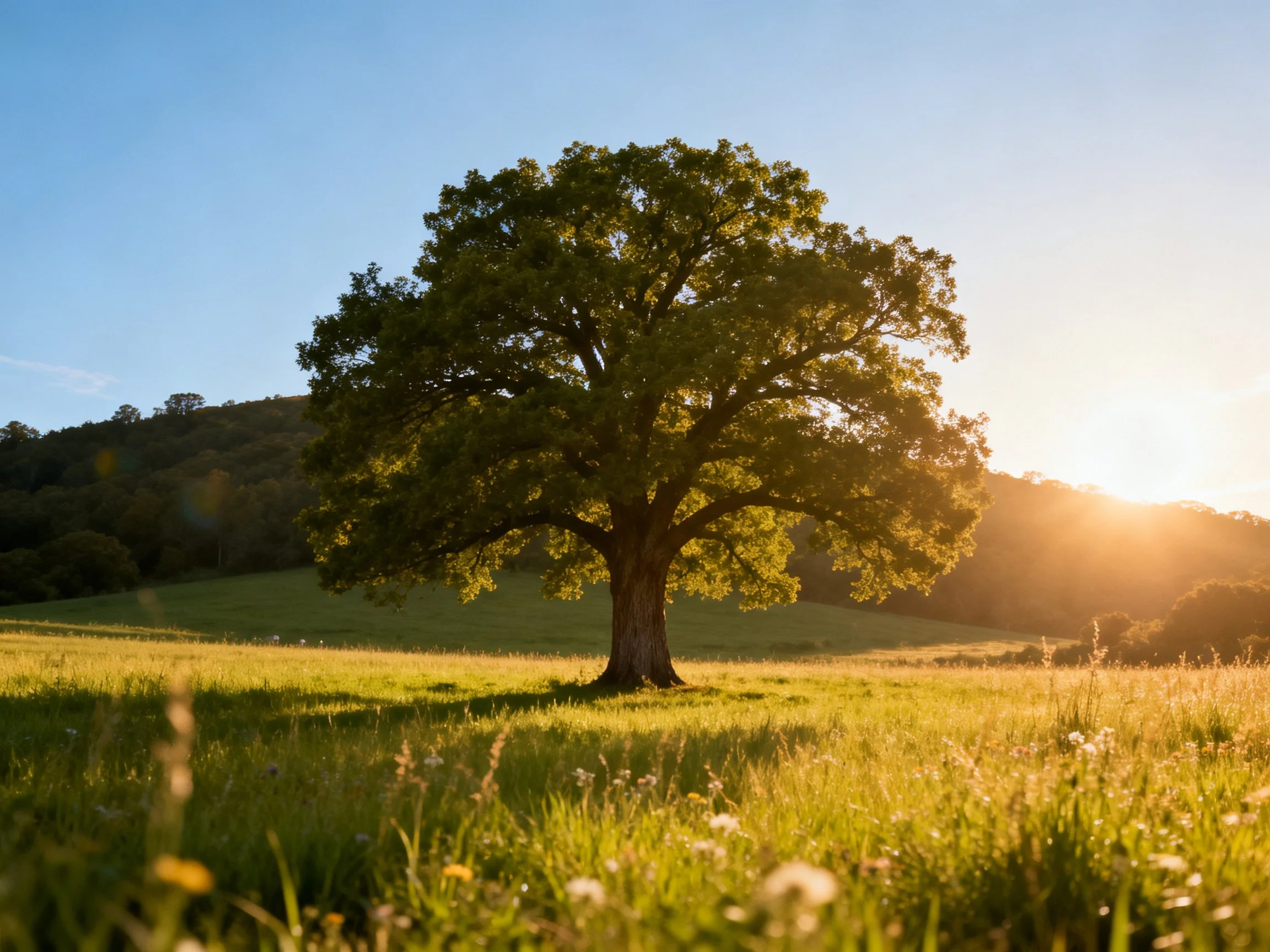 A solitary oak tree stands in a sunlit meadow with rolling hills