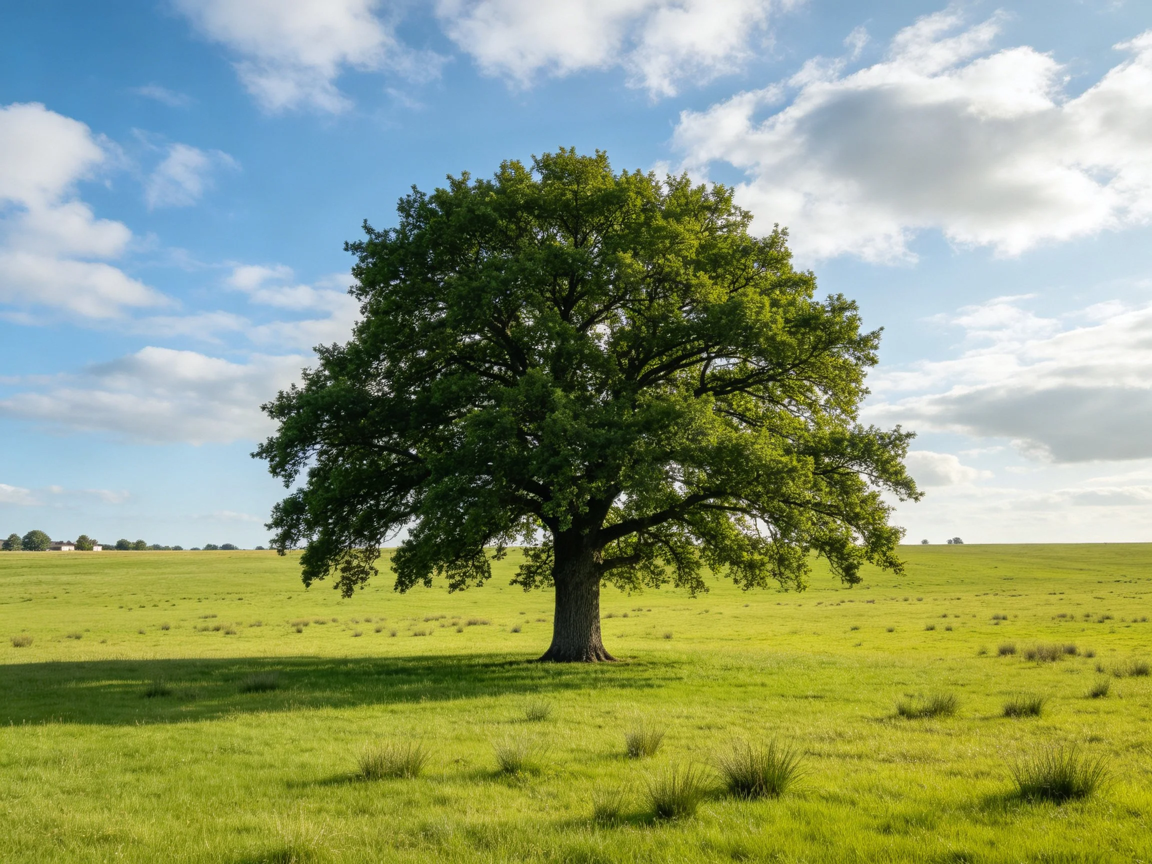 A solitary oak tree stands in a vast green meadow under a bright blue sky