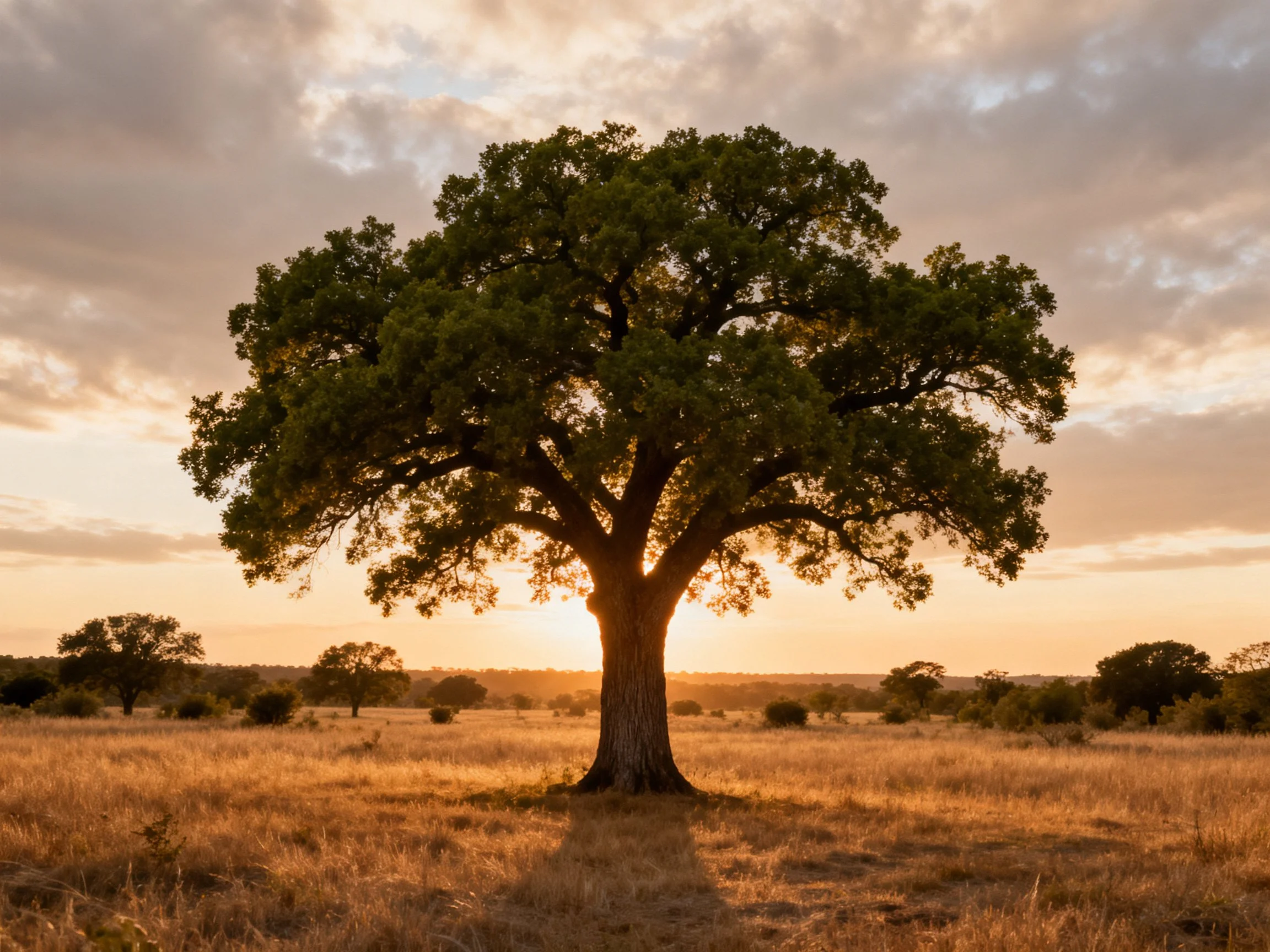 A solitary oak tree stands in golden savannah at sunset